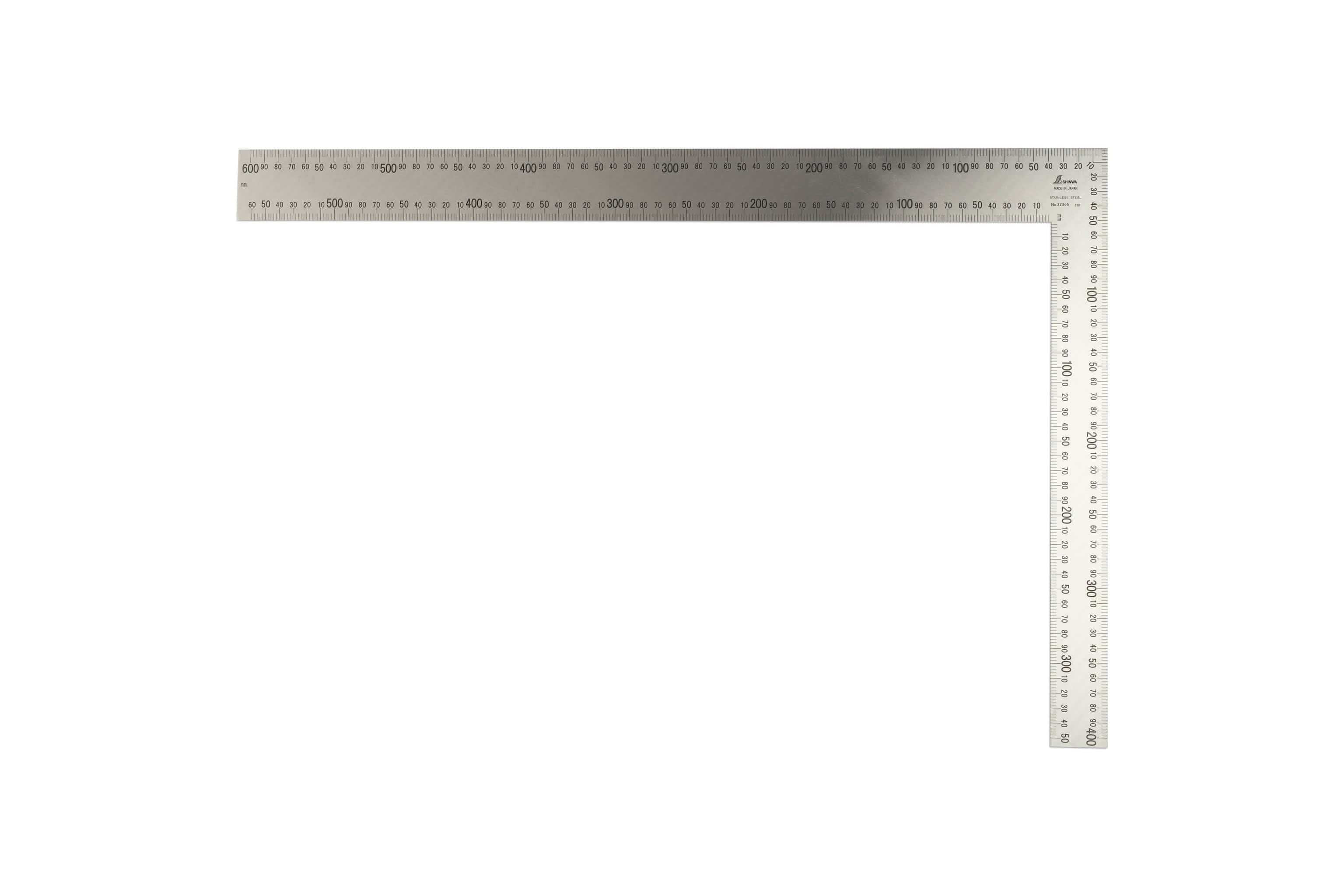The SHWA Shinwa Japanese Framing Square is a stainless steel carpenter’s tool with engraved metric and imperial markings, shown on a white background.