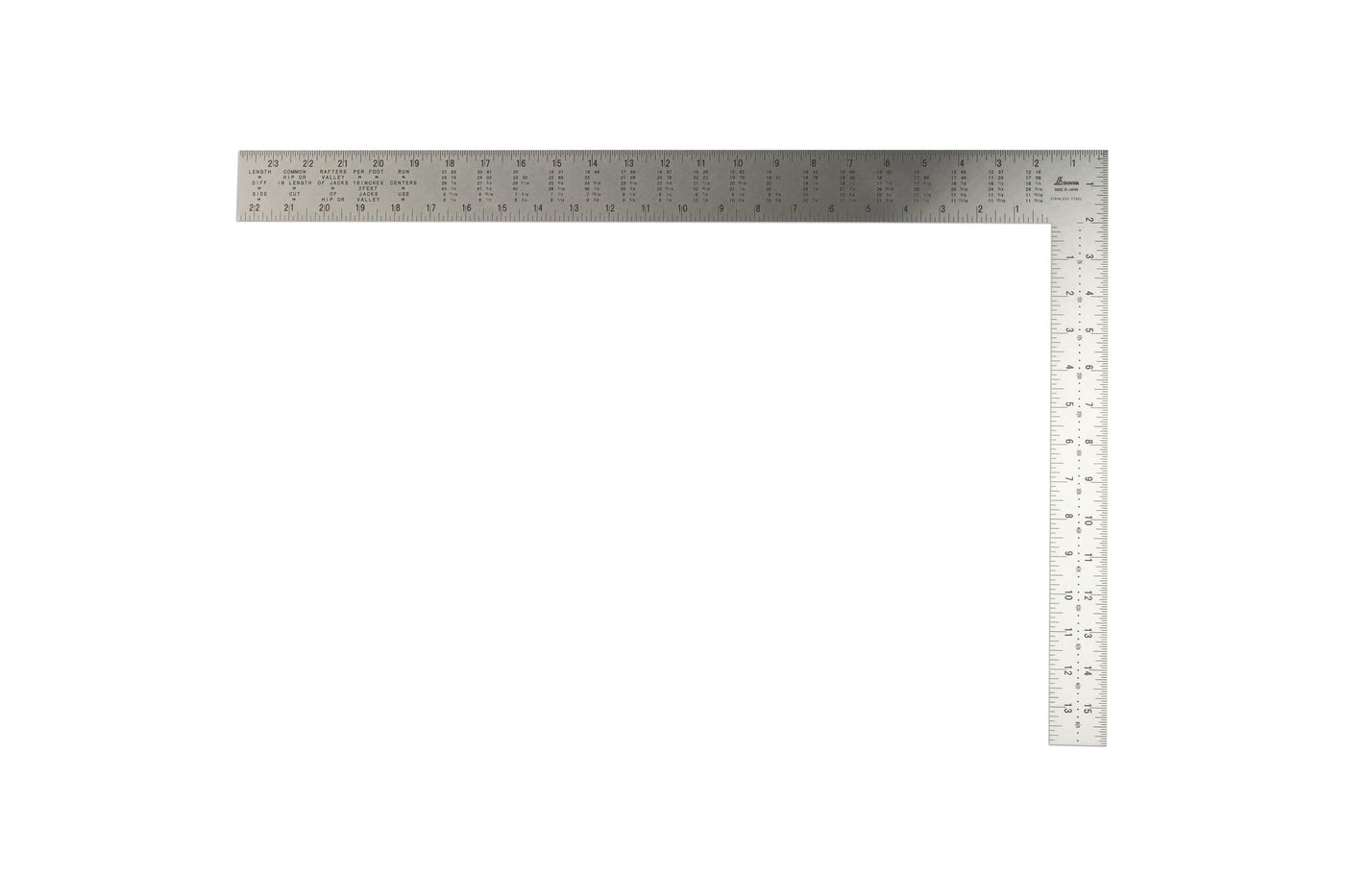 The SHWA Shinwa Japanese Framing Square is a durable stainless steel carpenters tool with clear markings on both arms, forming a right angle, shown against a white background.