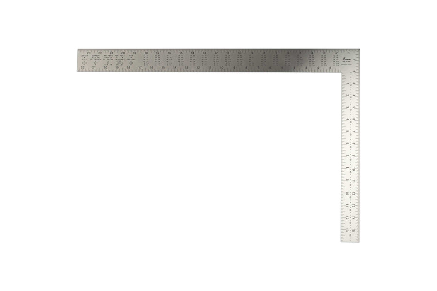 The SHWA Shinwa Japanese Framing Square is a durable stainless steel carpenters tool with clear markings on both arms, forming a right angle, shown against a white background.