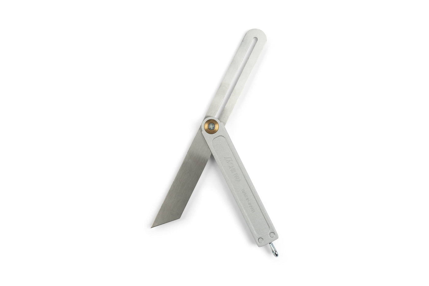 A silver SHWA Shinwa Japanese Sliding T-Bevel with Rear Lock, essential for woodworking with its metal handle and adjustable blade for precise angle measurement, is showcased on a white background.