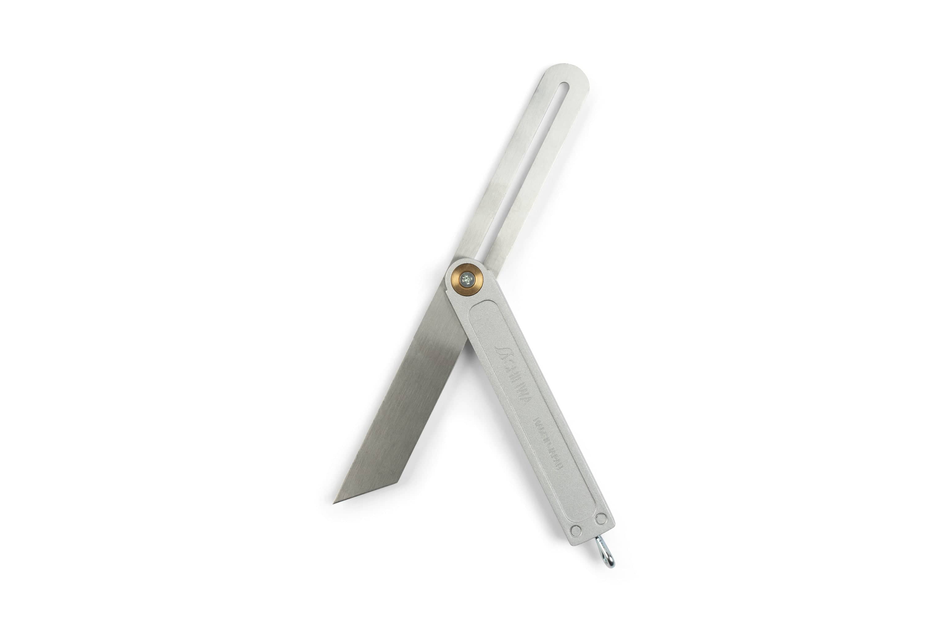 A silver SHWA Shinwa Japanese Sliding T-Bevel with Rear Lock, essential for woodworking with its metal handle and adjustable blade for precise angle measurement, is showcased on a white background.