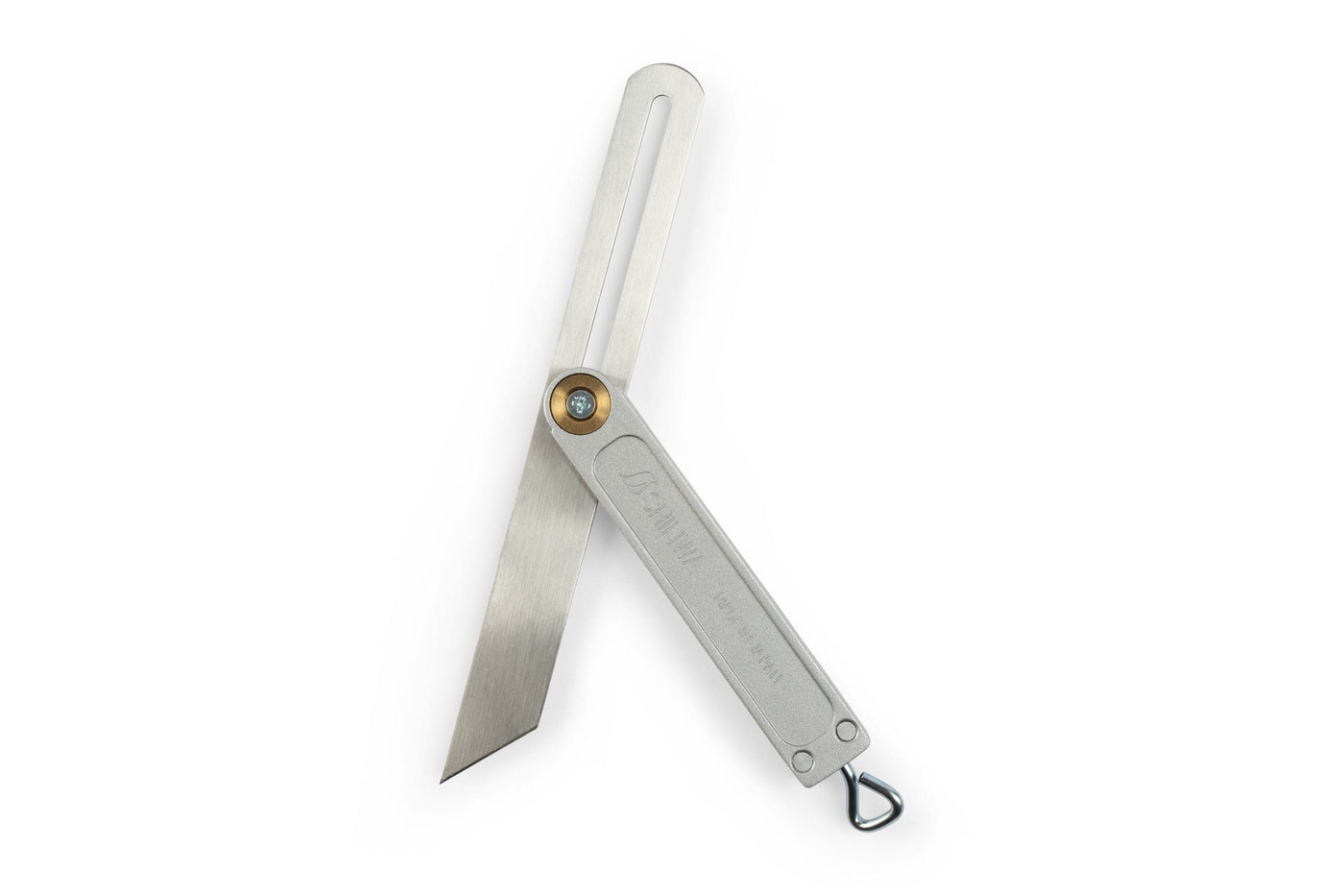 The SHWA Japanese Sliding T-Bevel with Rear Lock is a silver adjustable bevel gauge, ideal for angle measurements. It features a pivoting blade and a small loop at the handles end, making it an essential tool for woodworking.