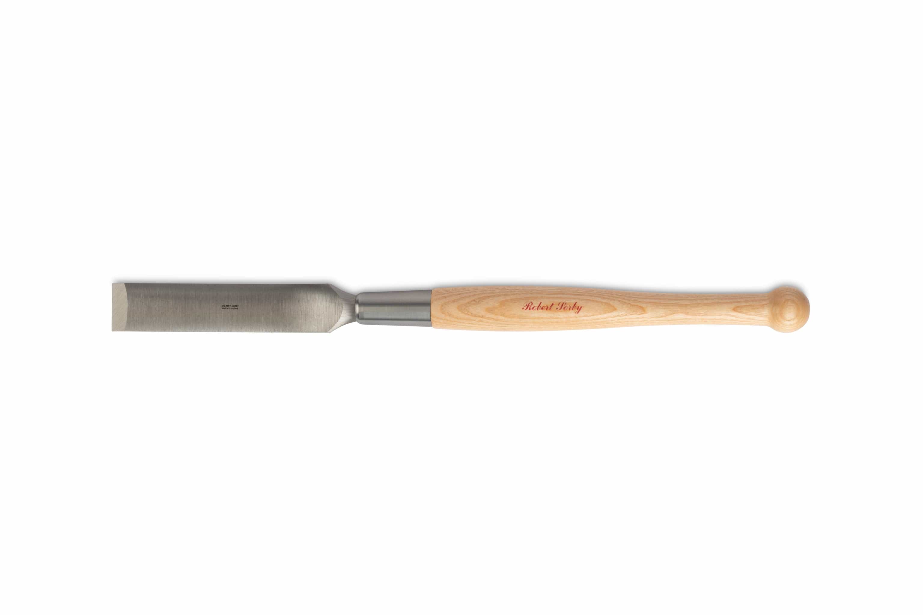 The Robert Sorby Timber Framing Slick by SOR is expertly crafted with a wood handle and flat blade, made from high carbon Sheffield Steel, ideal for precision woodworking tasks like timber framing.