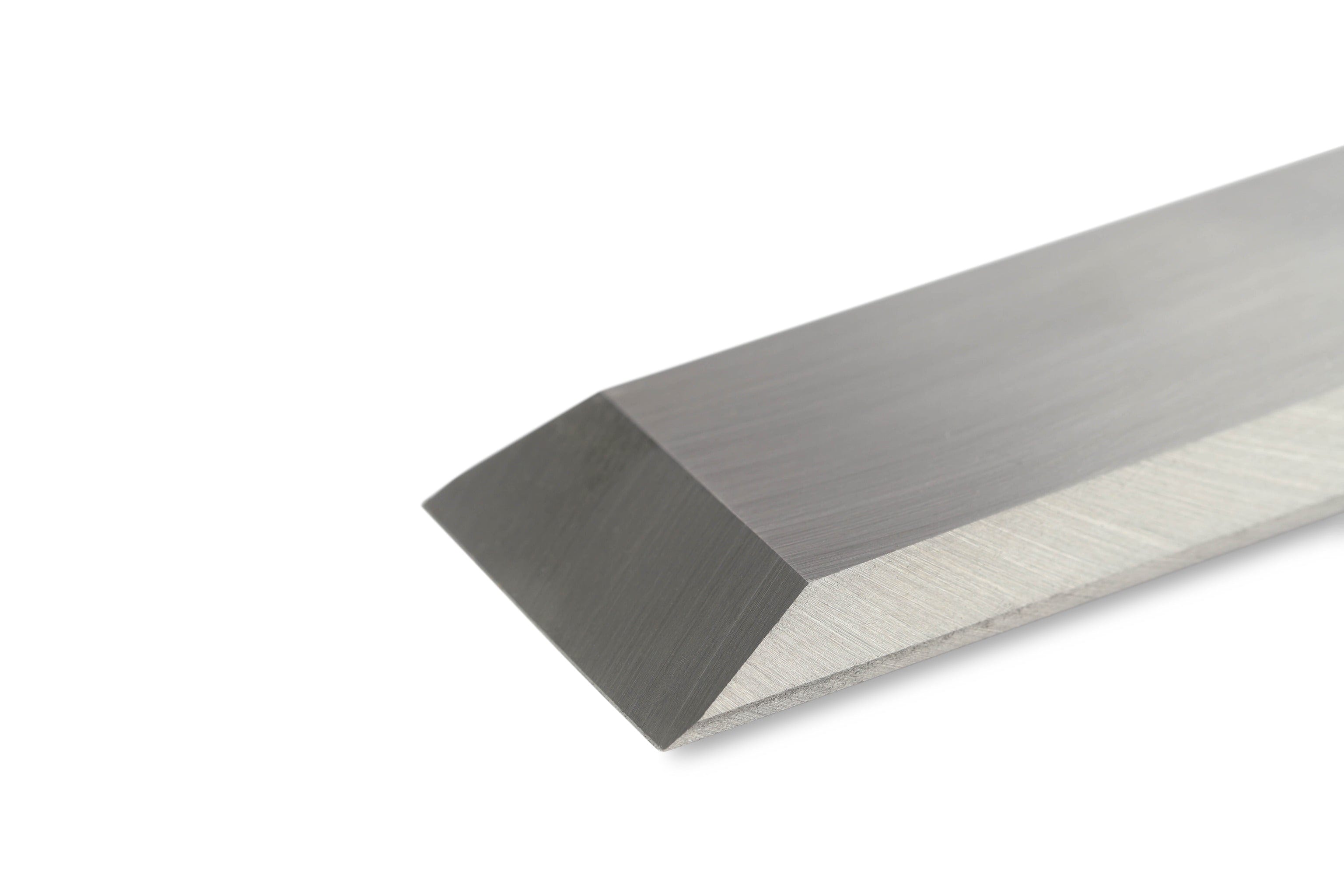 Close-up of the Robert Sorby Bevelled Framing Chisel by SOR, featuring a precision-cut surface with a sharp, beveled edge against a white background.