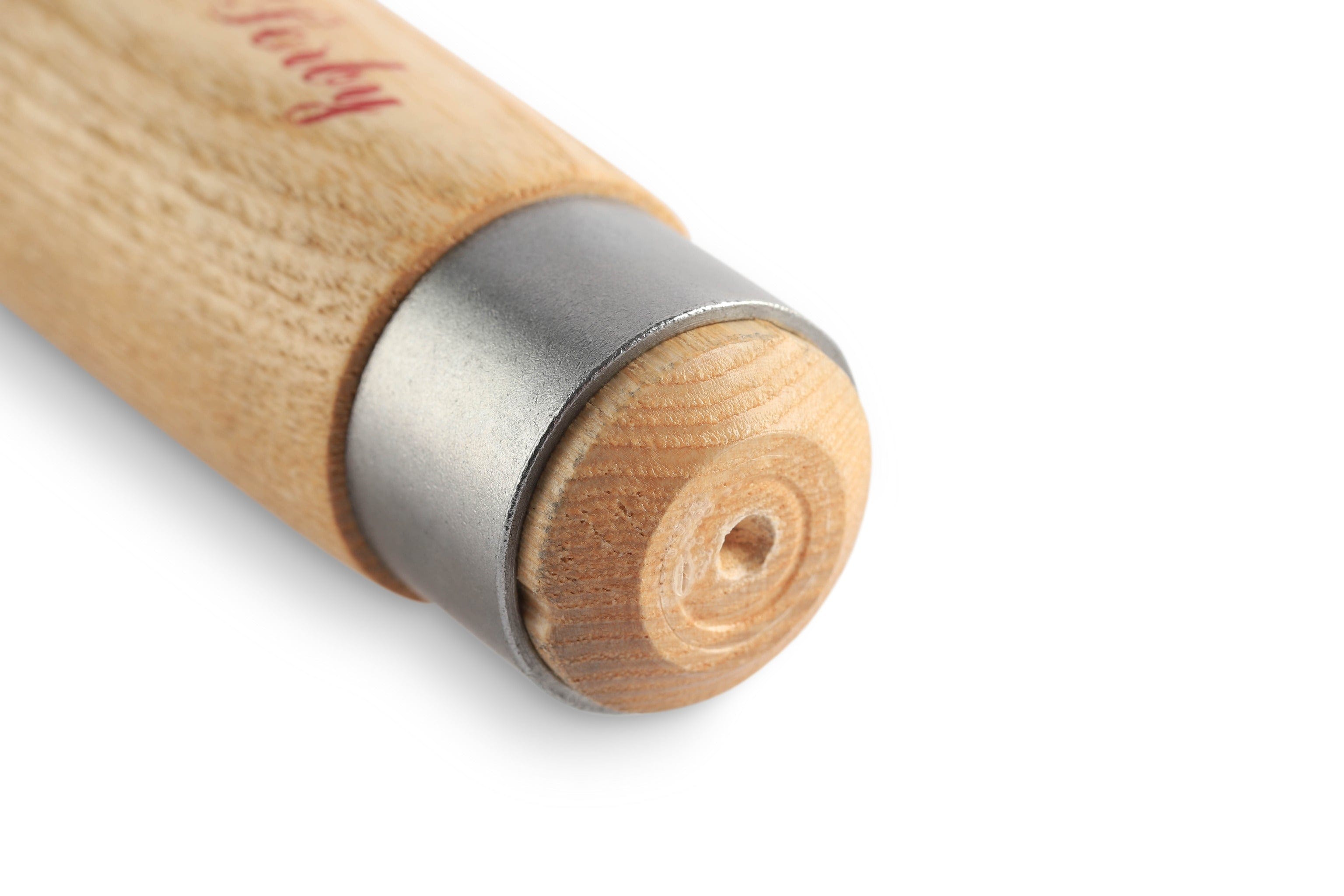 Close-up of a Robert Sorby Bevelled Framing Chisel by SOR, featuring a wooden handle, premium Sheffield Steel blade, metal collar, and rounded end.