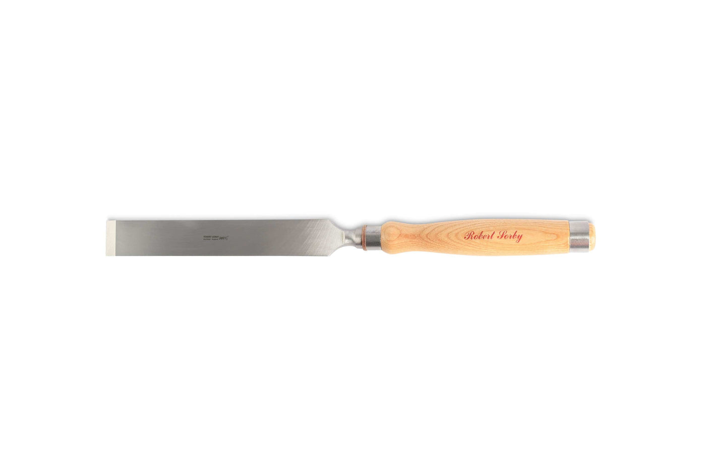 The SOR Robert Sorby Registered Timber Framing Chisel features a silver metal blade and a wooden handle engraved with text.