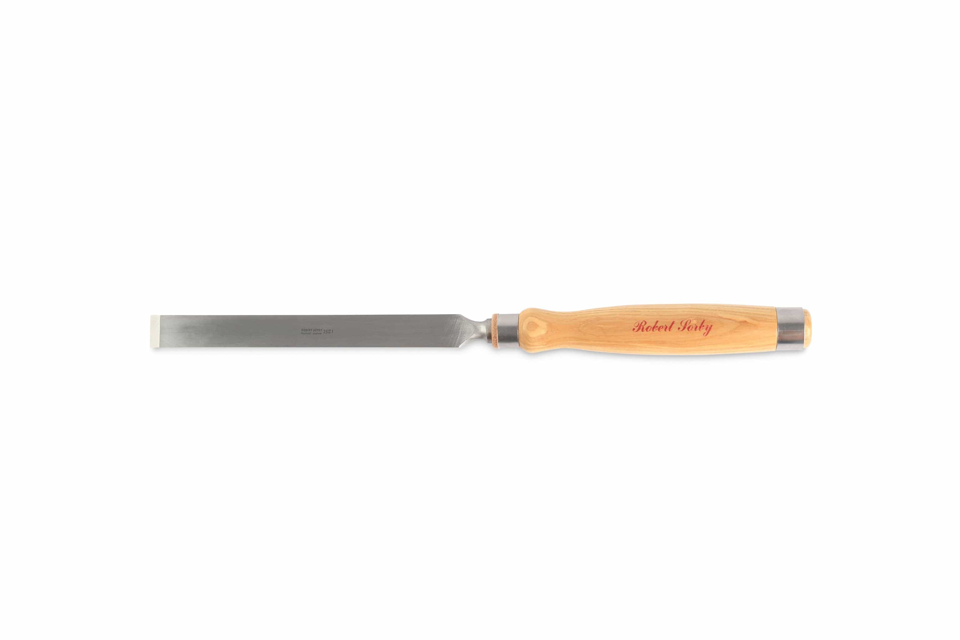 The SOR Robert Sorby Registered Timber Framing Chisel, featuring a wooden handle and flat metallic blade, is ideal for woodworking and carving tasks, excelling in precision work.