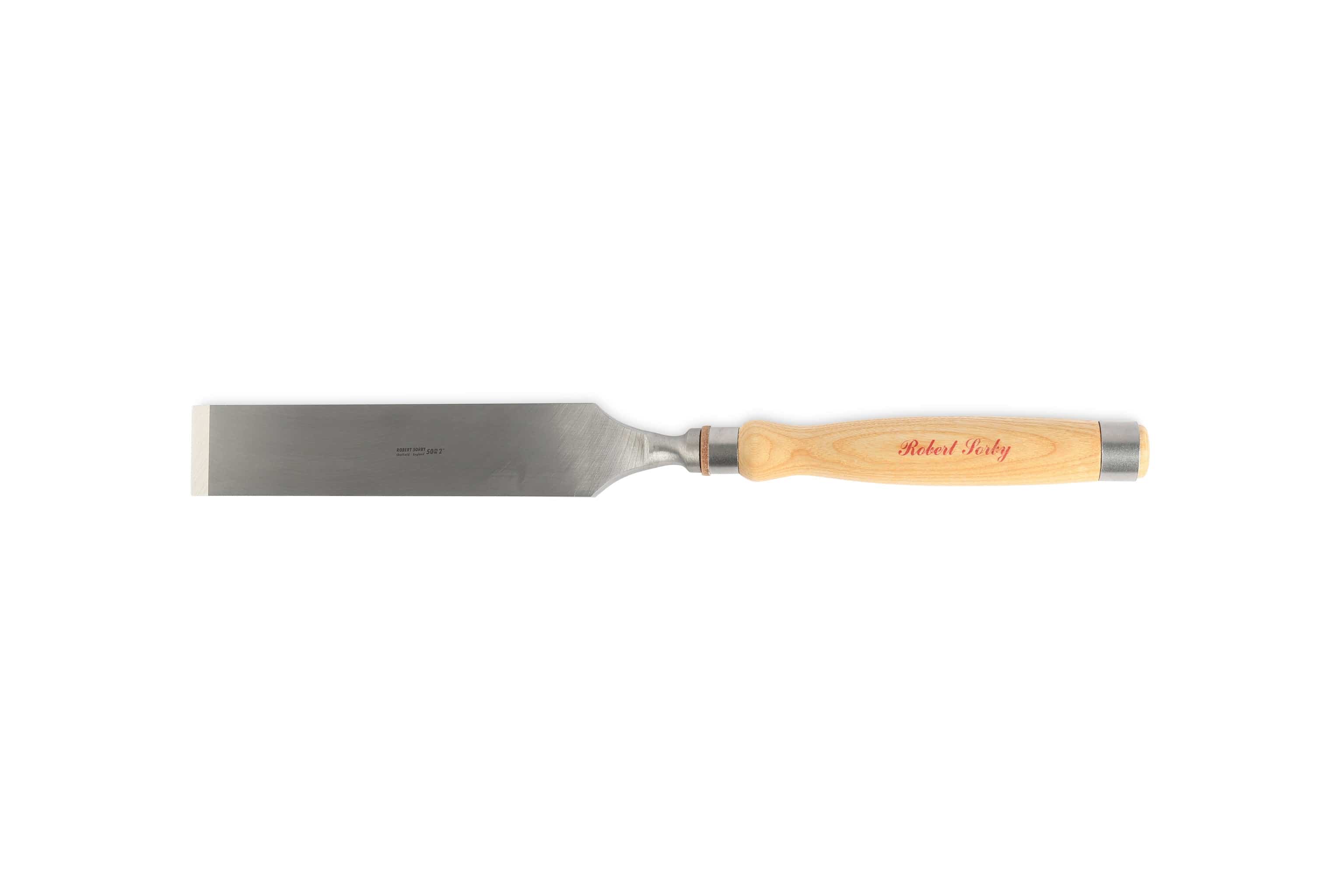 The SOR Robert Sorby Registered Timber Framing Chisel, featuring a sharp metal blade and wooden handle with red text, is perfect for deep mortising tasks.