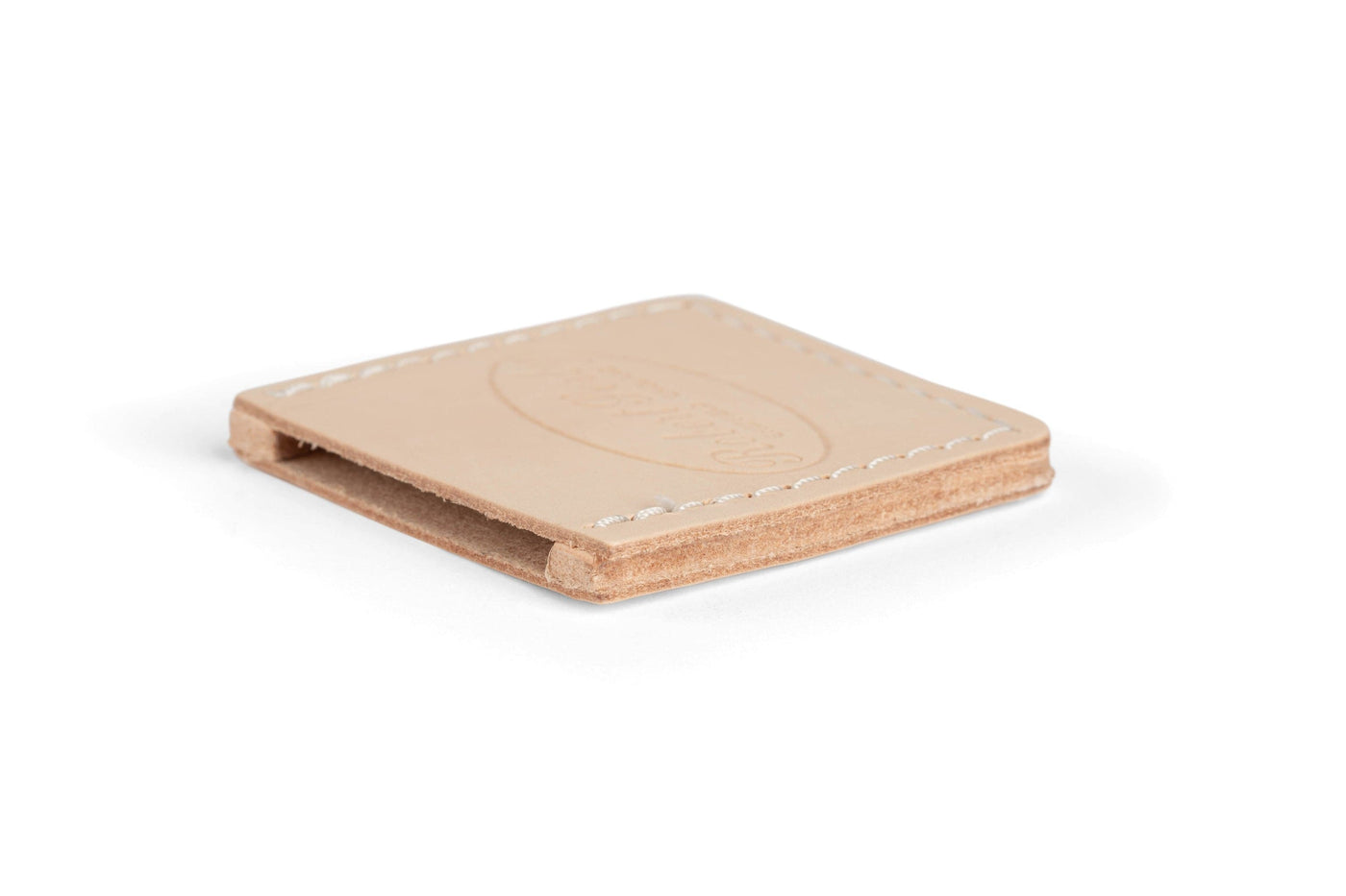 A SOR Robert Sorby Leather Edge Guard card holder in beige leather with visible stitching lies flat on a white surface, ensuring added protection.