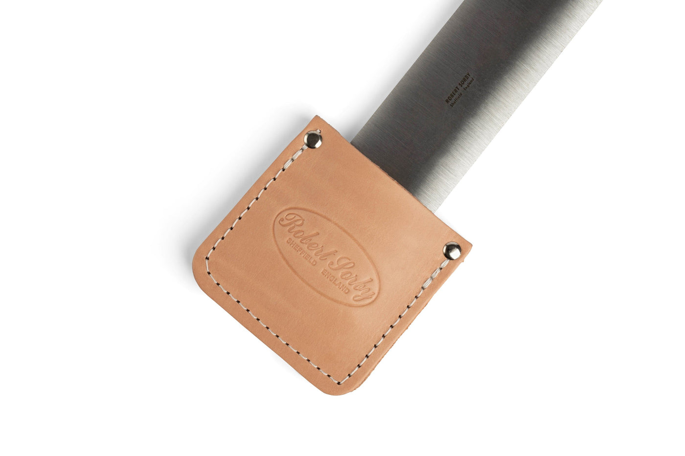 Close-up of a brown leather edge guard with visible stitching on a silver blade, highlighting fine craftsmanship. Pocket Party is embossed, reflecting the quality of Robert Sorbys creations. Product: Robert Sorby Leather Edge Guard by SOR.