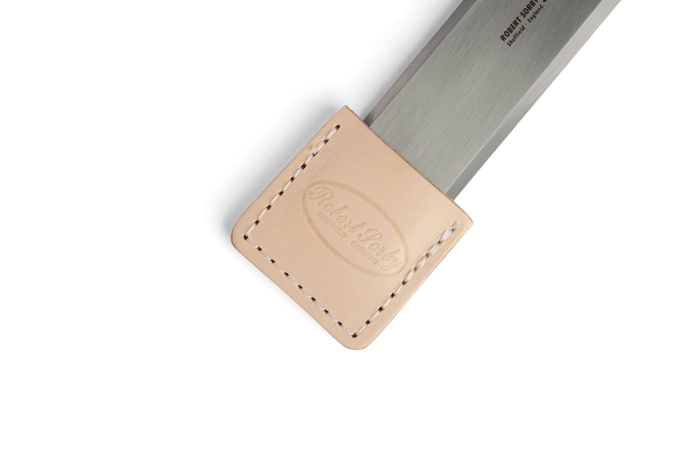The Robert Sorby Leather Edge Guard from SOR snugly encases a woodworking tools blade, proudly stamped with Robert Sorby, while precise stitching highlights the craftsmanship.