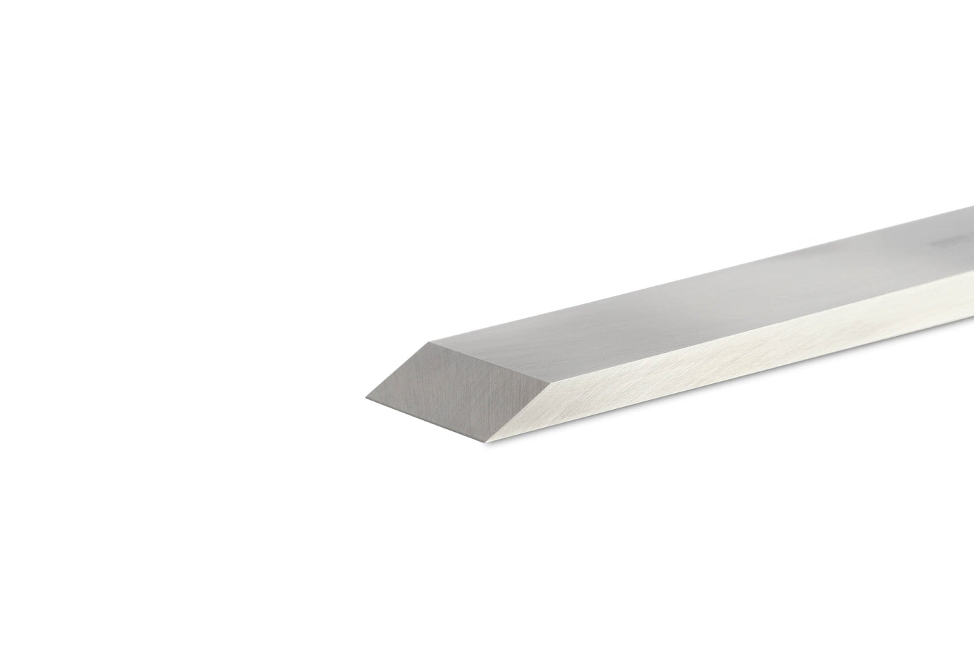 A close-up of a sharp, angled metal bar with a smooth surface, similar to the precision of the Robert Sorby Registered Timber Framing Chisel by SOR, resting on a light background.