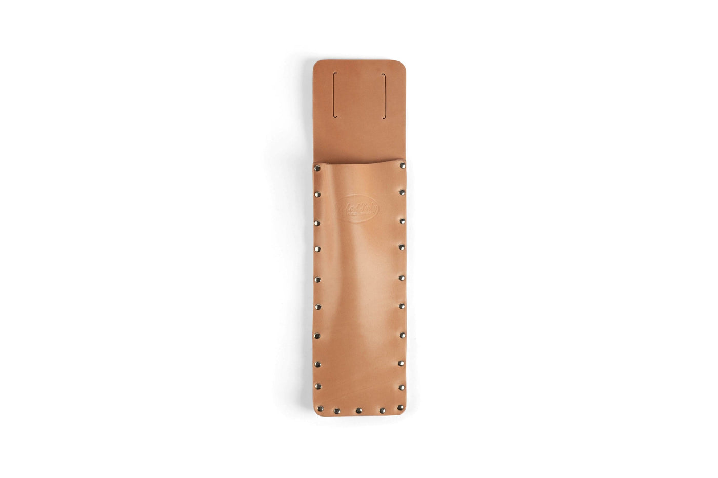 The SOR Robert Sorby Slick Holster, a tan leather tool holder with metal rivets and an embossed logo, designed for belt attachment, now includes leather guards for enhanced protection.