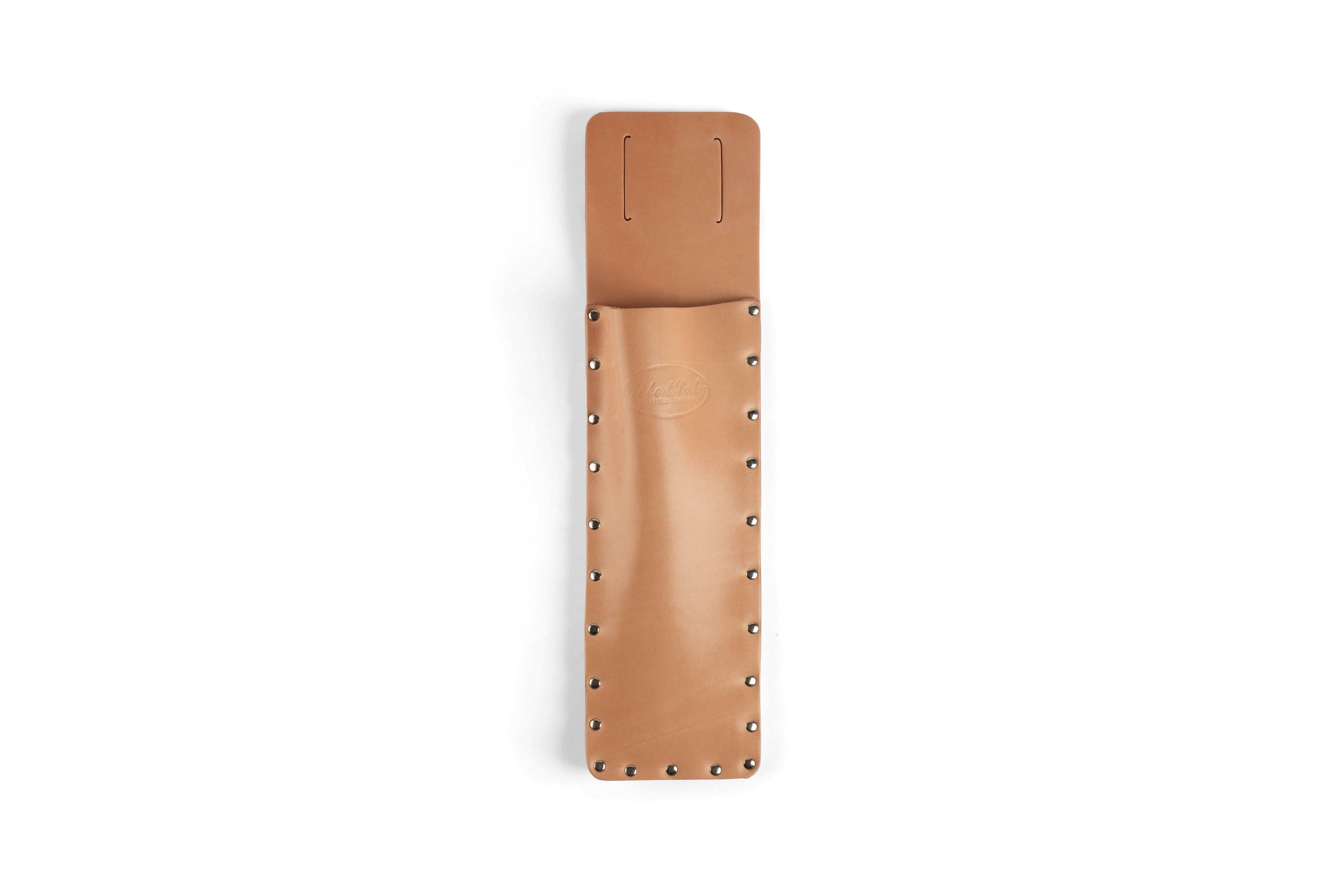 The SOR Robert Sorby Slick Holster, a tan leather tool holder with metal rivets and an embossed logo, designed for belt attachment, now includes leather guards for enhanced protection.