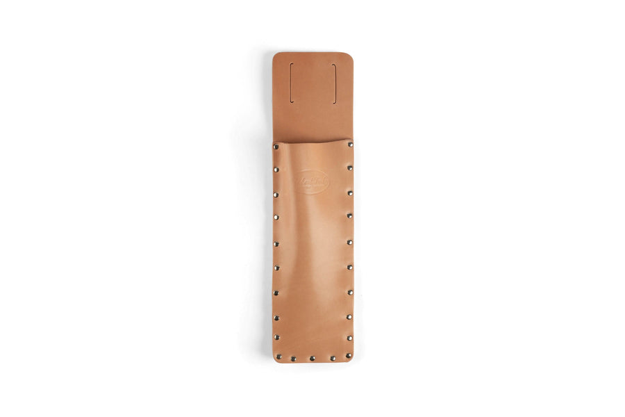 The SOR Robert Sorby Slick Holster, a tan leather tool holder with metal rivets and an embossed logo, designed for belt attachment, now includes leather guards for enhanced protection.