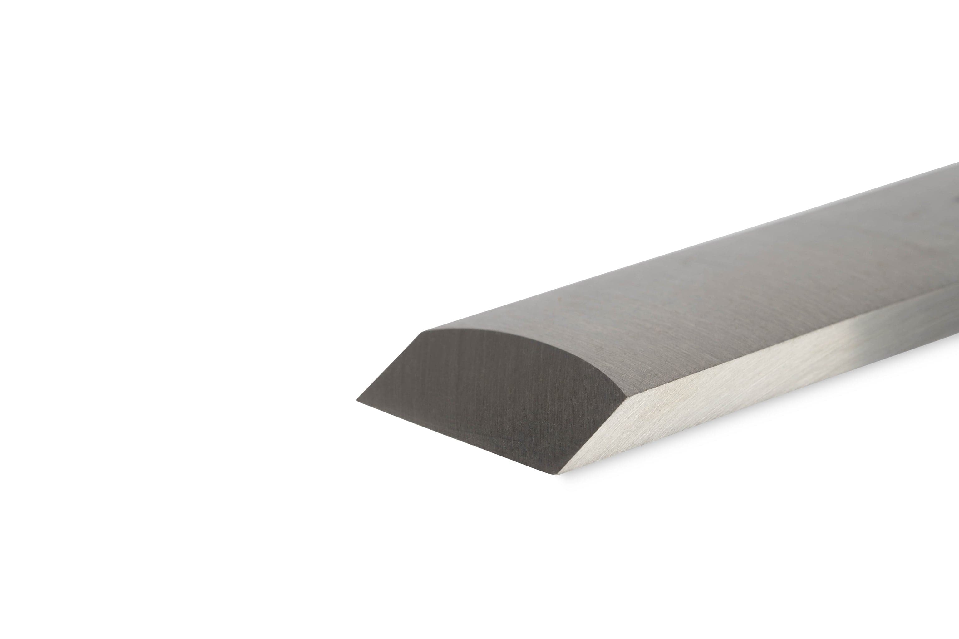 A close-up of a sharp-edged Robert Sorby Timber Framing Slick by SOR, crafted with Sheffield Steel, on a white background.