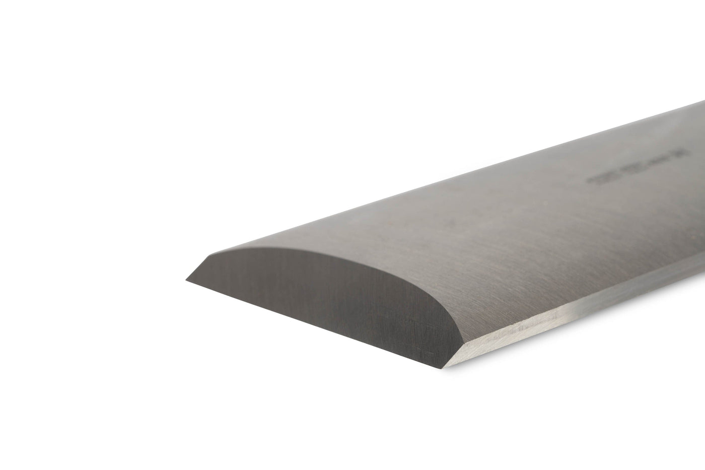 Close-up of the Robert Sorby Timber Framing Slick, featuring a sharp, curved metal blade and a smooth gray surface made from renowned Sheffield Steel by SOR.