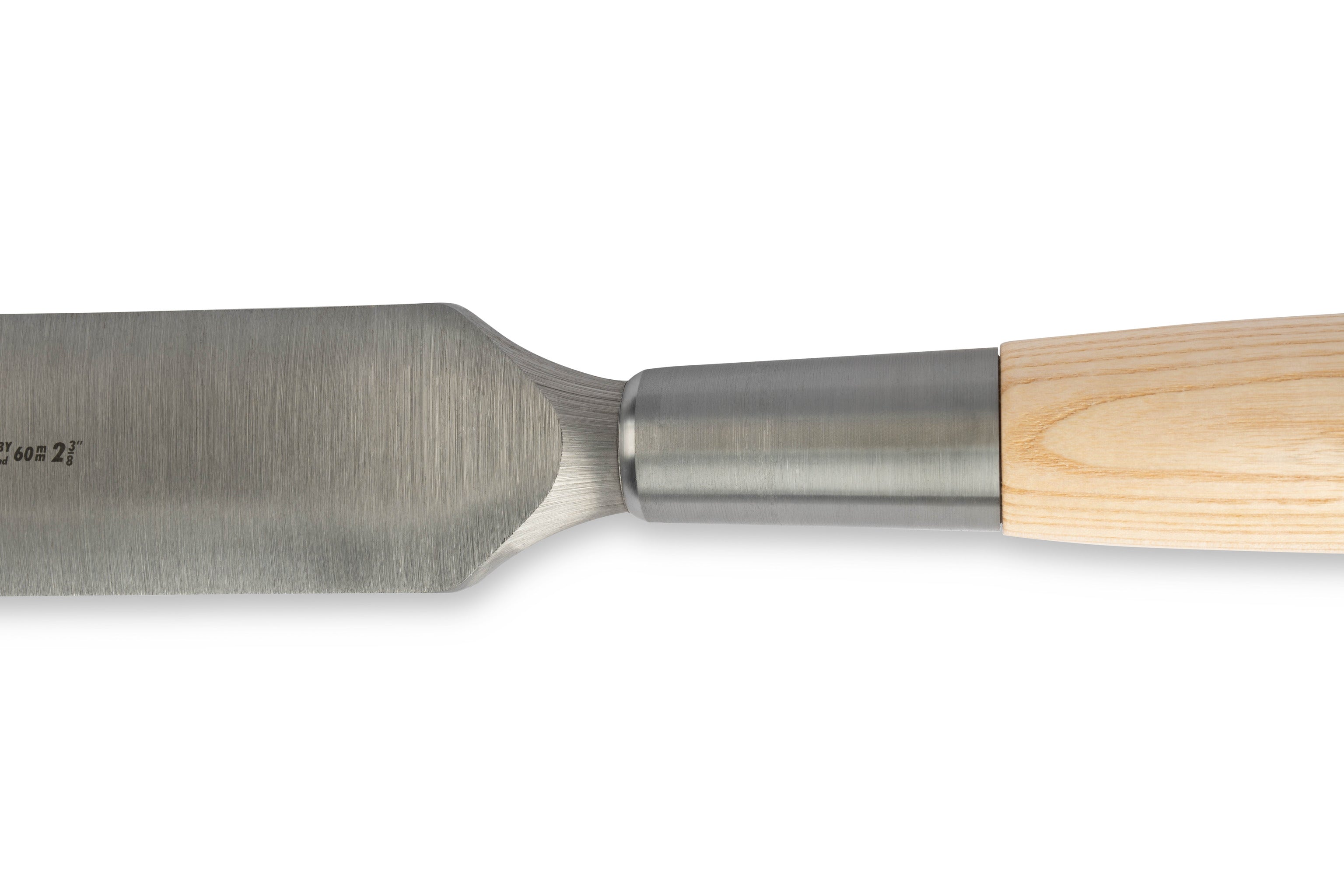 Close-up of a Robert Sorby Timber Framing Slick by SOR, featuring Sheffield Steel craftsmanship with a wooden handle. Blade and grip partially visible, laid horizontally on a white background.