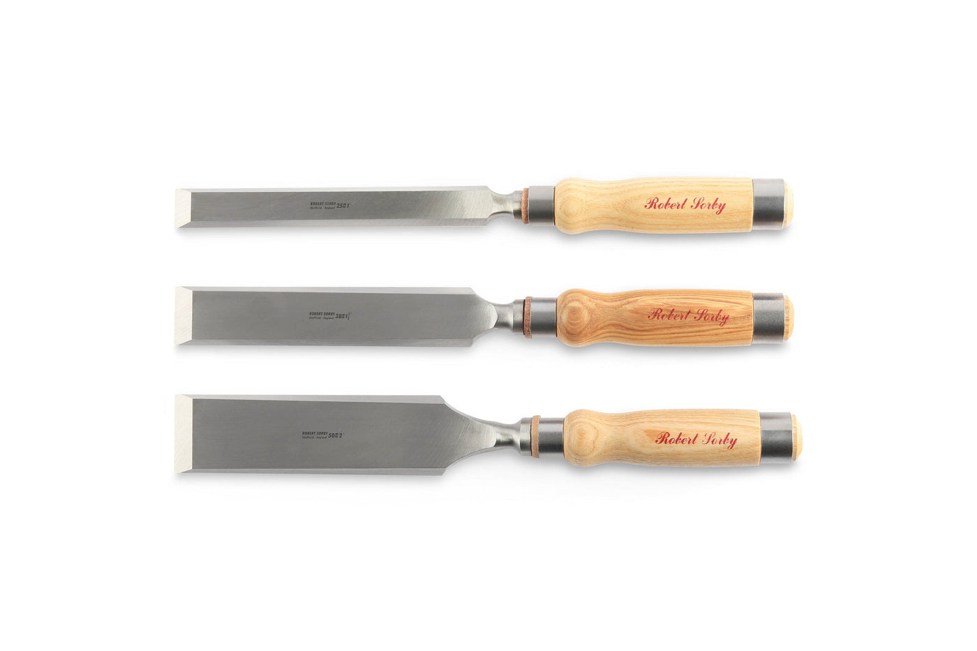 Three wood chisels, including the SOR Robert Sorby Bevelled Framing Chisel made from premium Sheffield Steel, have metal blades and wooden handles. They are displayed parallel on a white background, ideal for discerning timber framers seeking quality tools.