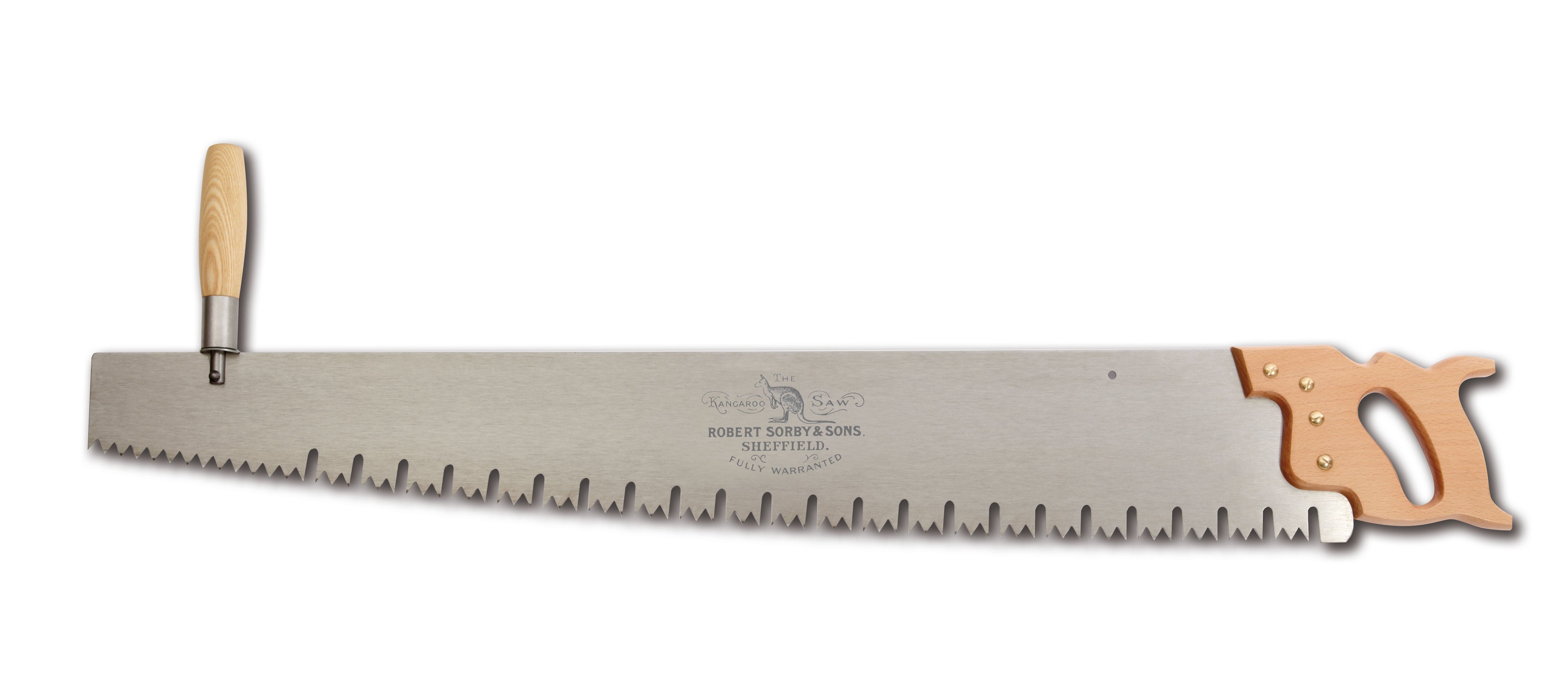 The Robert Sorby One-Man Timber Saw by SOR features a serrated blade in the Great American tooth pattern, wooden handles on each end, and displays the manufacturers logo engraved on the metal.