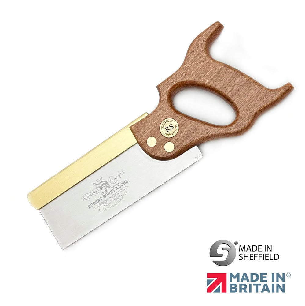 The Robert Sorby Kangroo Hand Saw by SOR, with a brass back and wooden handle, exemplifies fine craftsmanship. It features "Made in Sheffield" and "Made in Britain" logos, reflecting quality similar to a dovetail saw.