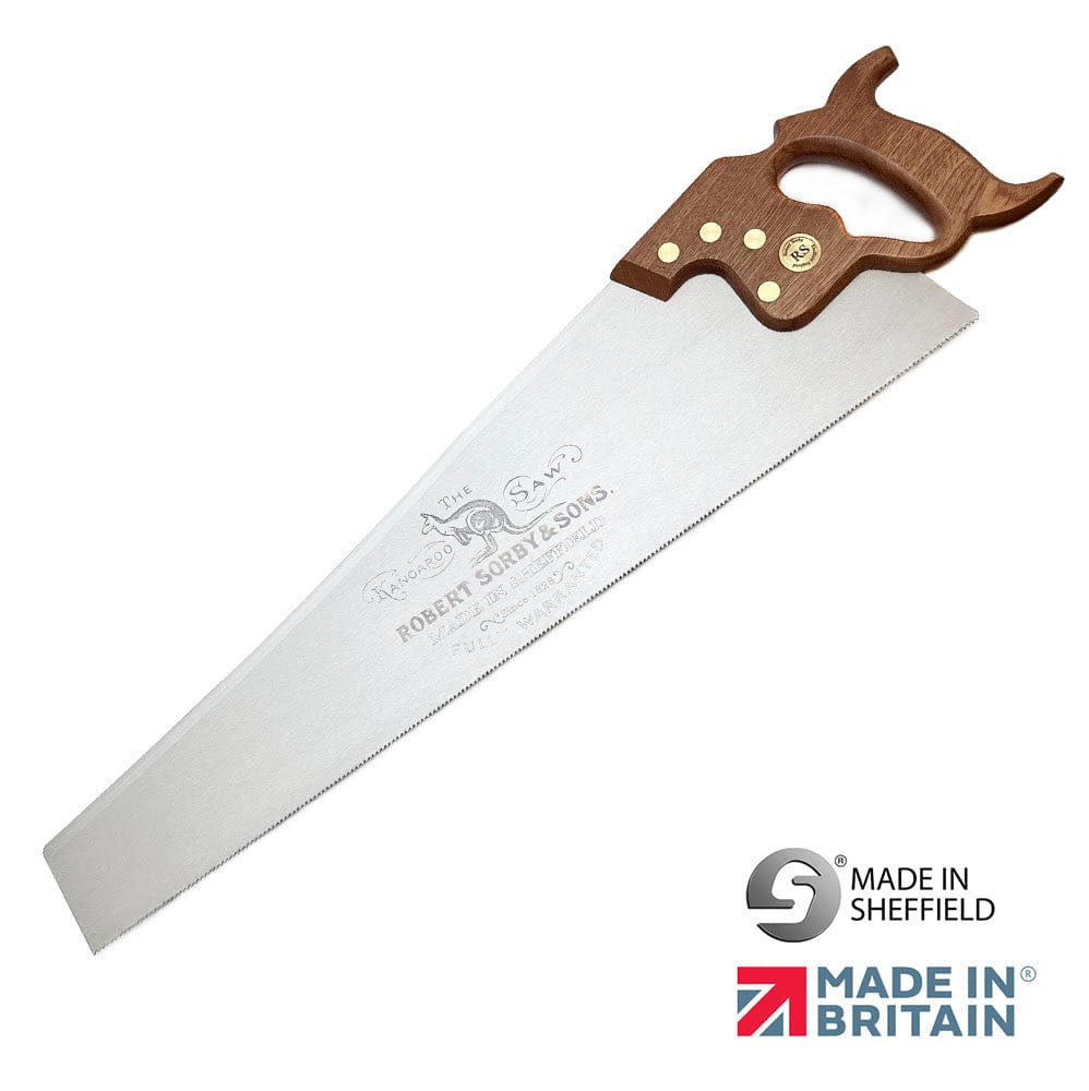 The SOR Robert Sorby Kangroo Hand Saw has a wooden handle and displays the "Made in Sheffield" logo with the "Made in Britain" emblem on its blade, representing the quality and craftsmanship associated with Robert Sorby woodworking tools.