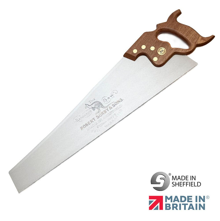 The SOR Robert Sorby Kangroo Hand Saw has a wooden handle and displays the "Made in Sheffield" logo with the "Made in Britain" emblem on its blade, representing the quality and craftsmanship associated with Robert Sorby woodworking tools.