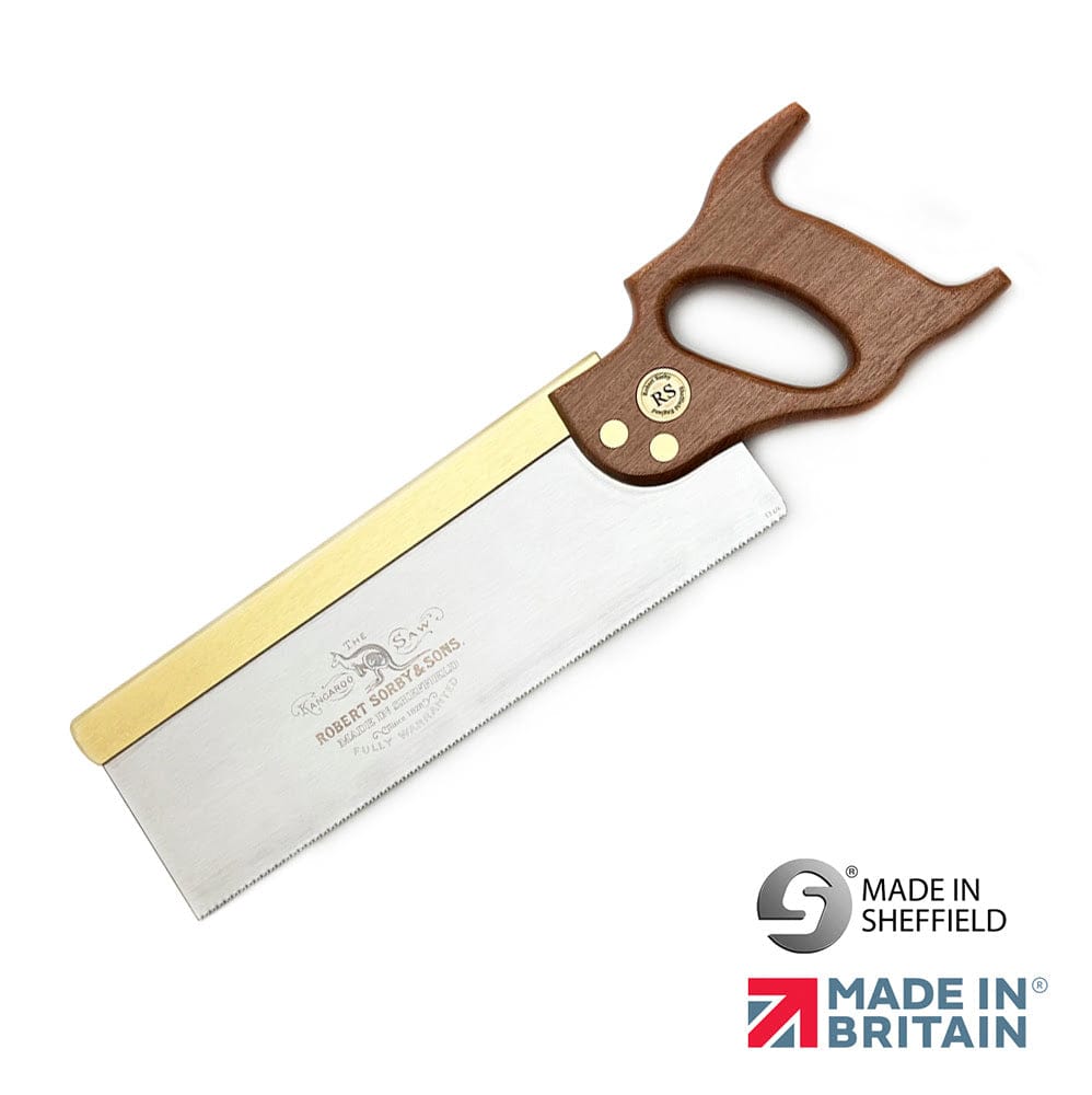 The Robert Sorby Kangroo Hand Saw, featuring a wood handle and brass back, highlights the quality of SOR woodworking tools and proudly displays its origin in Sheffield, Britain.