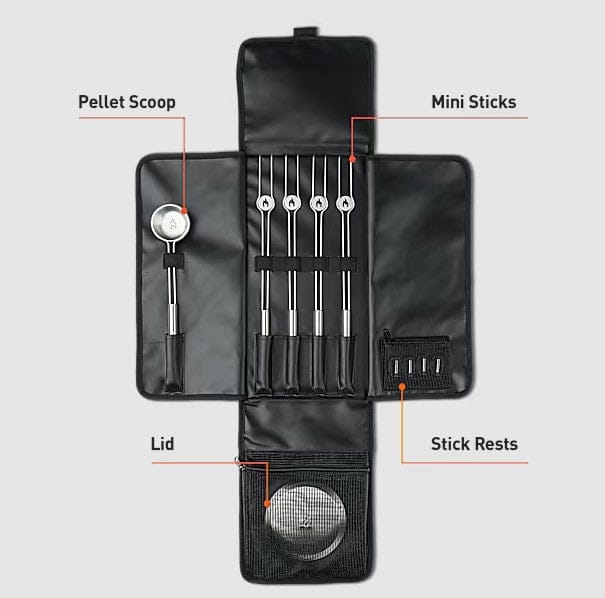 An open SSO Mesa XL Accessory Pack case reveals labeled compartments for a pellet scoop, mini sticks, lid, and stick rests—all neatly organized. The tools are displayed against a plain gray background.