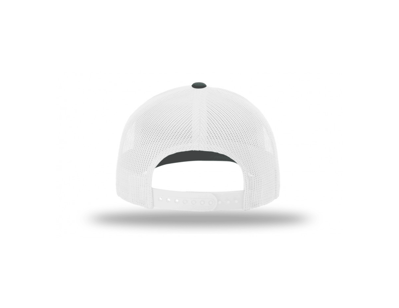 The Shelter Institute Trucker Cap by Stitch America is displayed from the back, showing its white mesh design, adjustable snapback closure, and small top button against a plain white background.