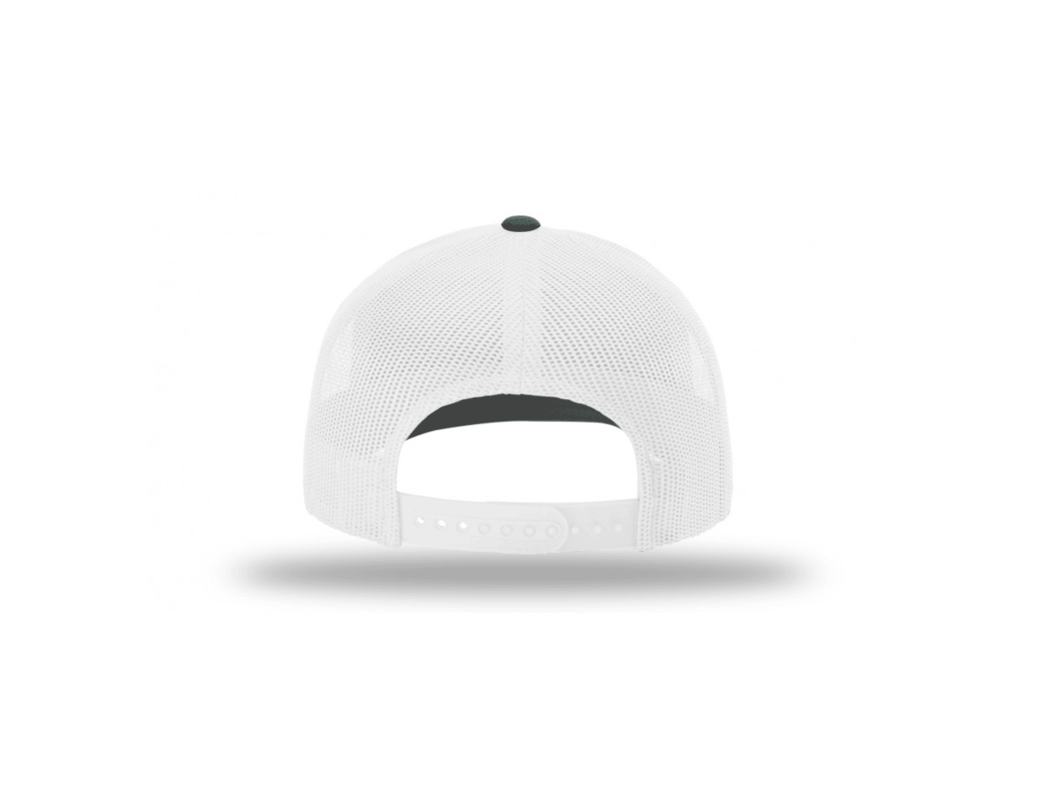 The Shelter Institute Trucker Cap by Stitch America is displayed from the back, showing its white mesh design, adjustable snapback closure, and small top button against a plain white background.