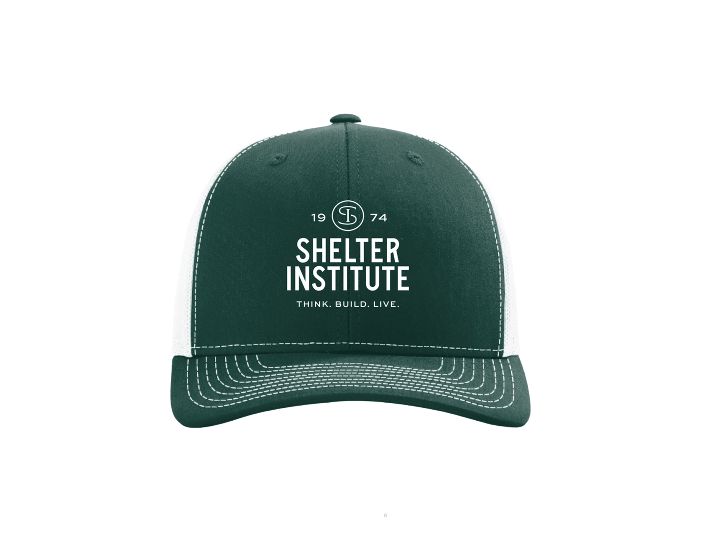 The Shelter Institute Trucker Cap by Stitch America is a green and white mesh hat featuring "SHELTER INSTITUTE," "THINK. BUILD. LIVE.," the year 1974, and a circular logo—ideal for displaying your Shelter pride.