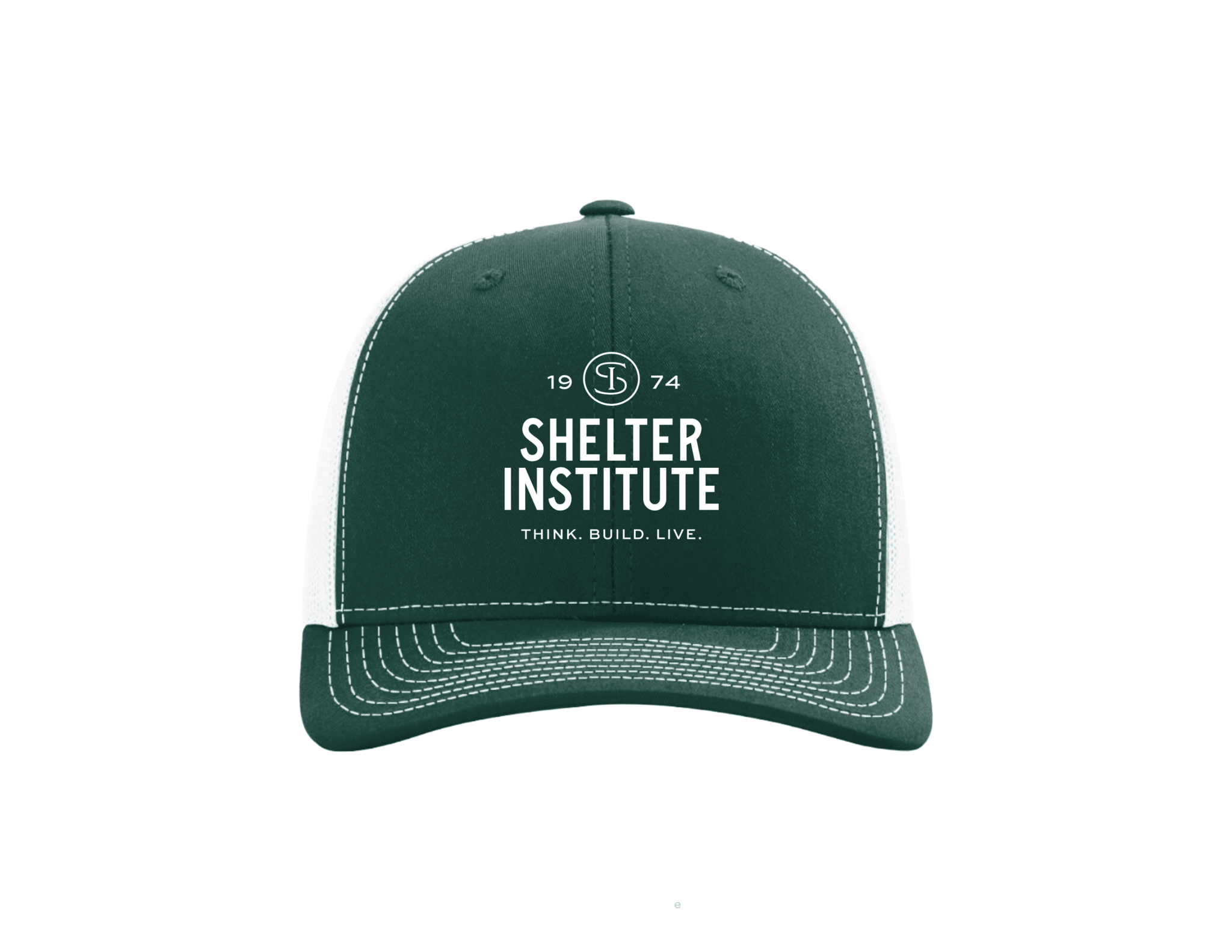 The Shelter Institute Trucker Cap by Stitch America is a green and white mesh hat featuring "SHELTER INSTITUTE," "THINK. BUILD. LIVE.," the year 1974, and a circular logo—ideal for displaying your Shelter pride.
