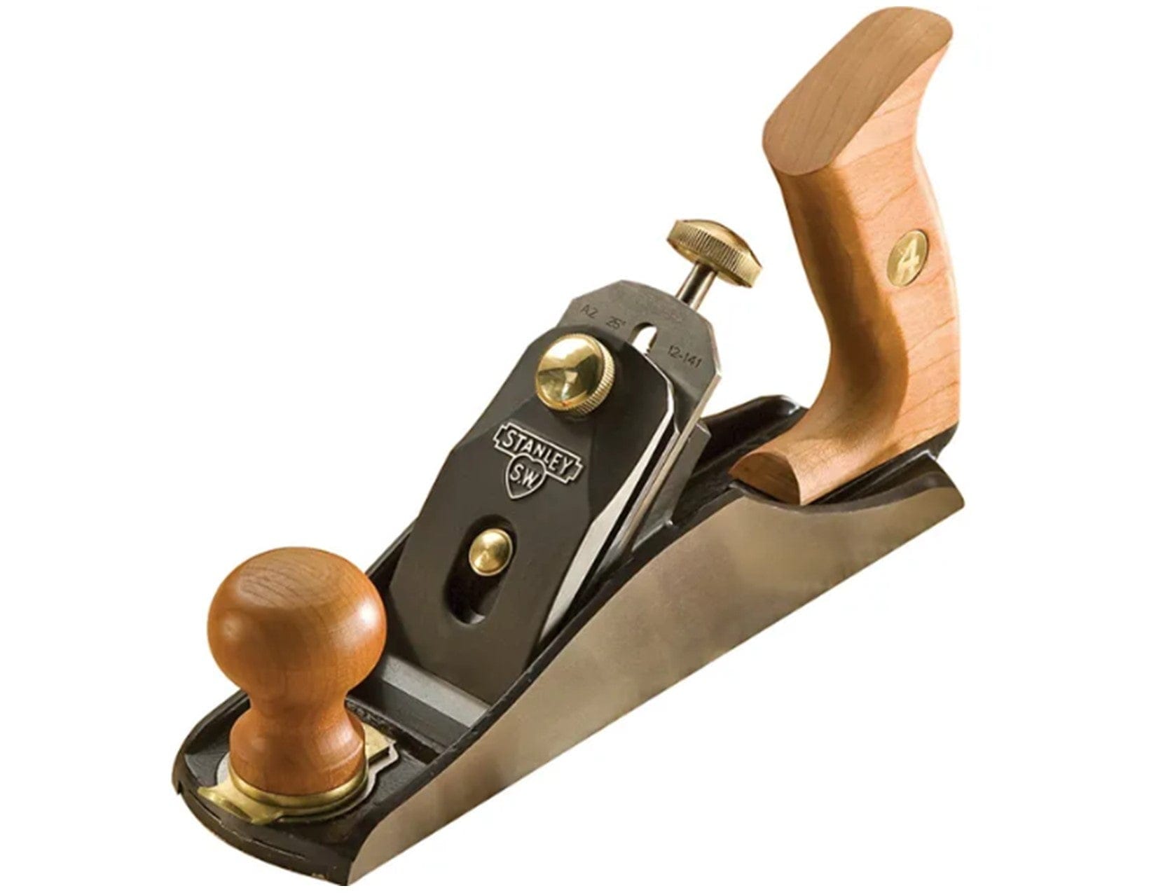 The STN No. 4 SweetHeart™ Smoothing Bench Plane features a Norris-type adjuster, wooden handles, and brass fittings—perfect for smoothing and shaping wood surfaces.