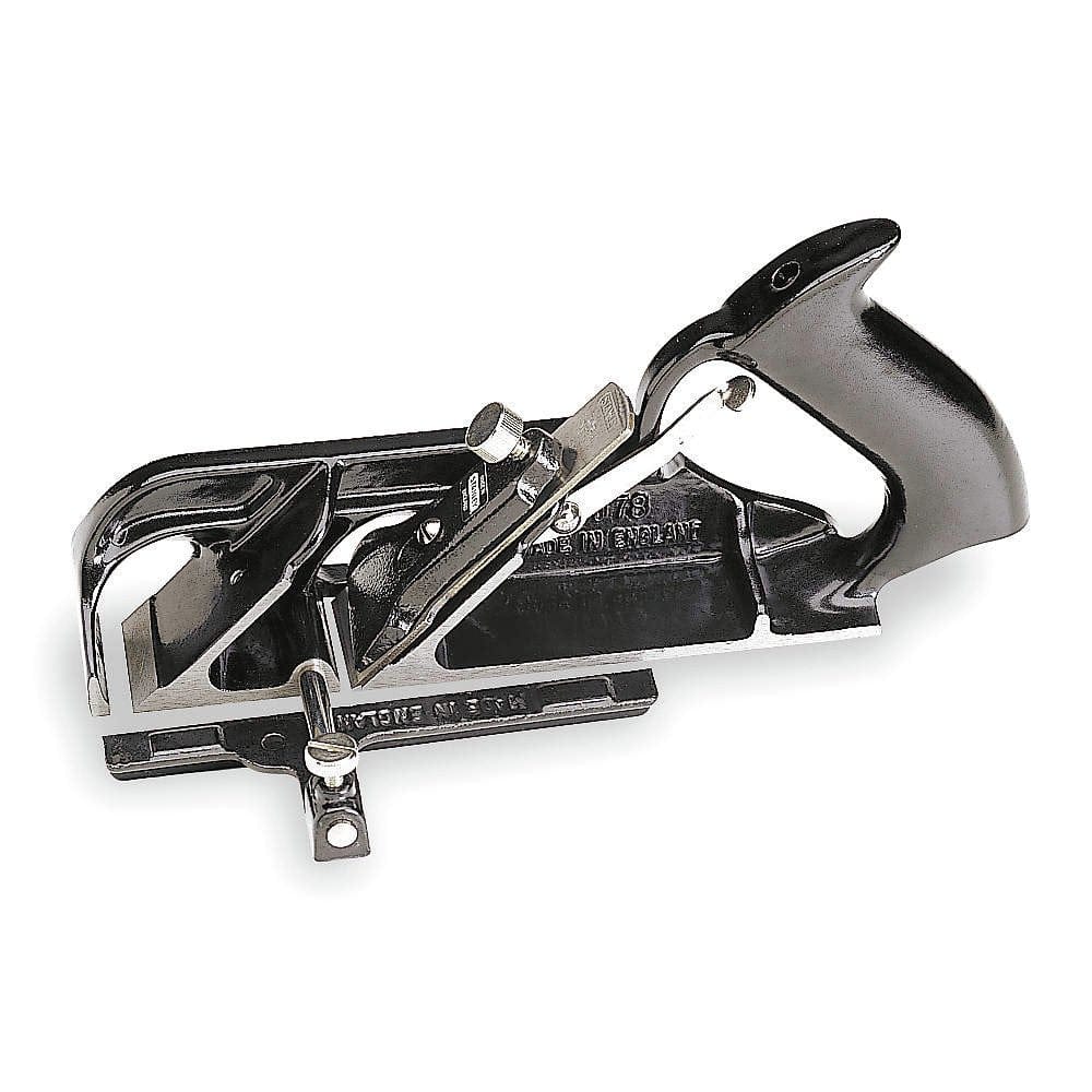 The STN 10 in Bullnose Rabbet Plane features a cast-iron body, handle, angled blade, and adjustable depth for smoothing or shaping wood surfaces.