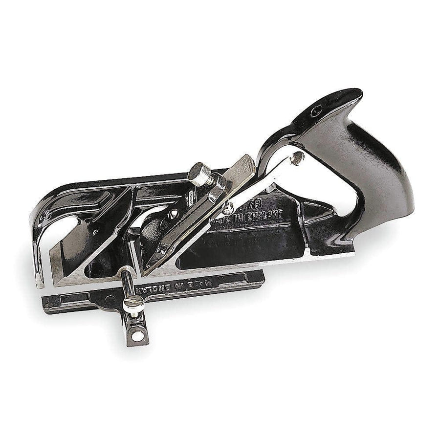 The STN 10 in Bullnose Rabbet Plane features a cast-iron body, handle, angled blade, and adjustable depth for smoothing or shaping wood surfaces.