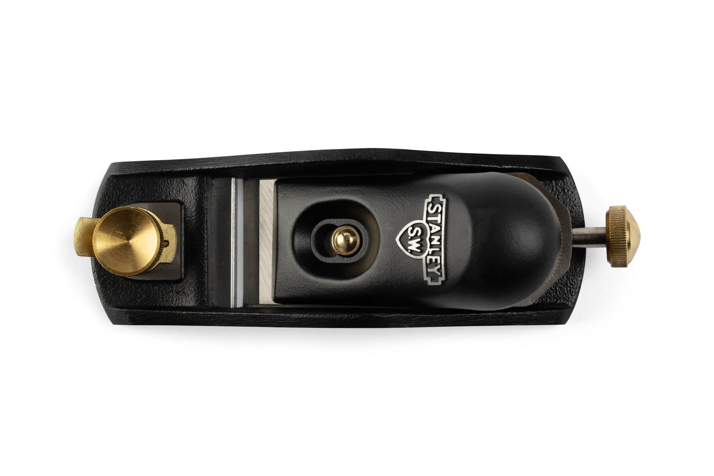 A STN Stanley 60-1/2 Sweetheart Low Angle Block Plane in black and brass, designed for woodworking precision, shown from above with visible adjustment knobs and blade, isolated on a white background.