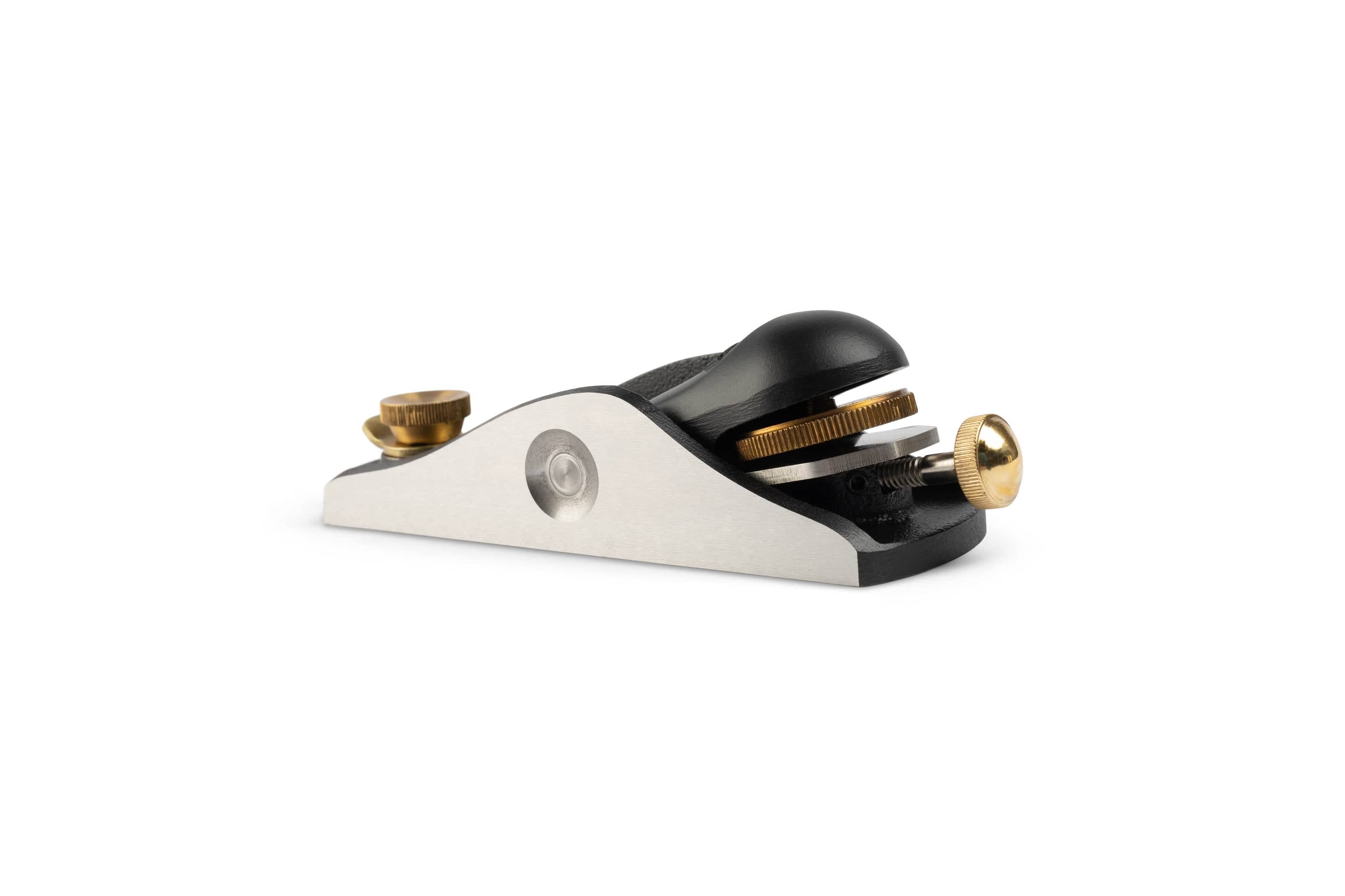 The STN Stanley 60-1/2 Sweetheart Low Angle Block Plane, featuring brass adjustment knobs and durable A2 steel construction, delivers precise woodworking results on a white background.