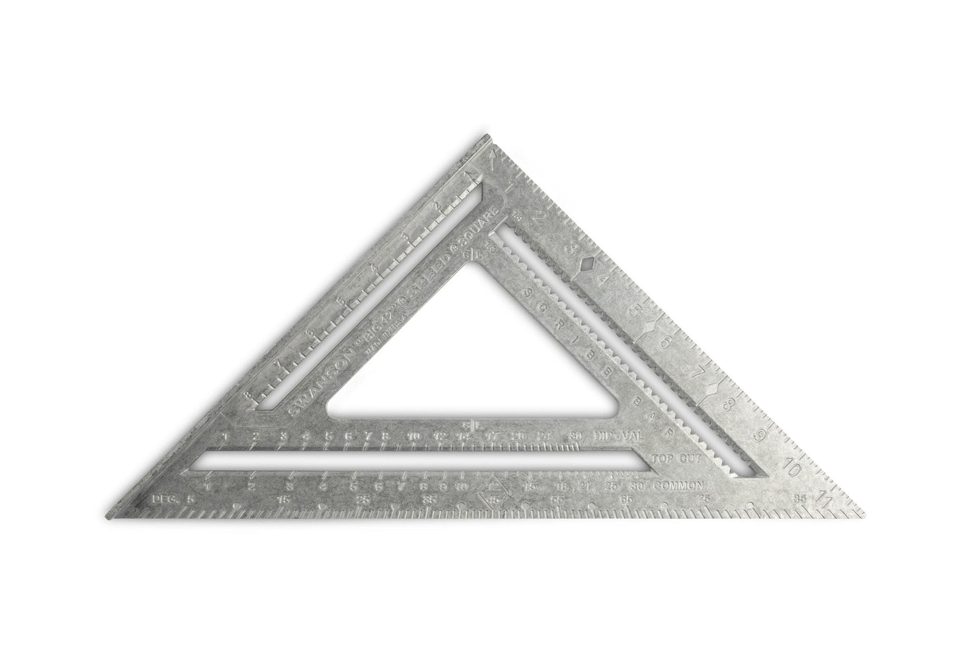 The SWA Swanson Speed Square is a multi-functional metal triangular ruler featuring multiple measurement scales and cutouts, making it ideal for carpenters. It is an essential tool for precise drawing, measuring, and marking tasks.