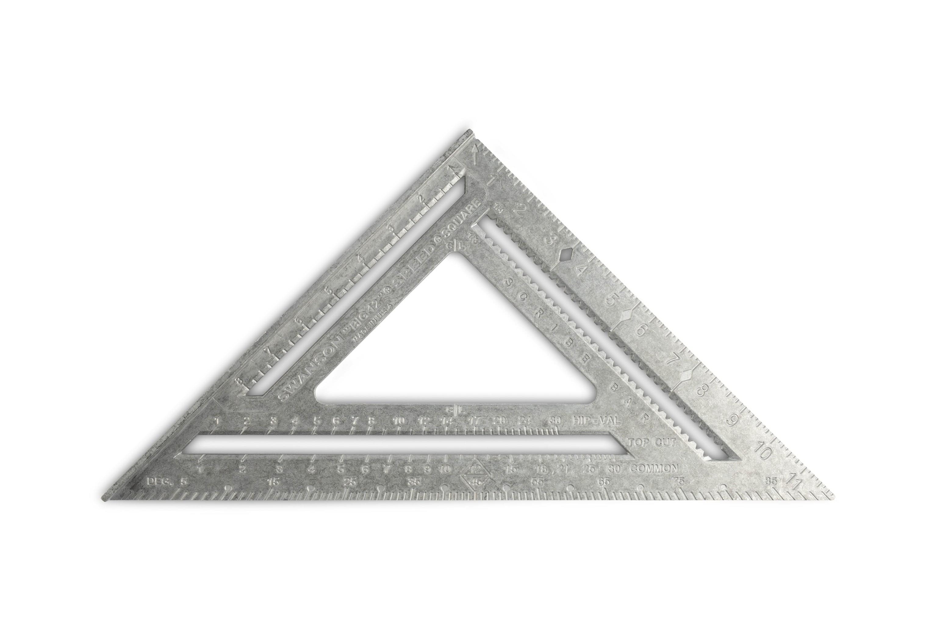 The SWA Swanson Speed Square is a multi-functional metal triangular ruler featuring multiple measurement scales and cutouts, making it ideal for carpenters. It is an essential tool for precise drawing, measuring, and marking tasks.