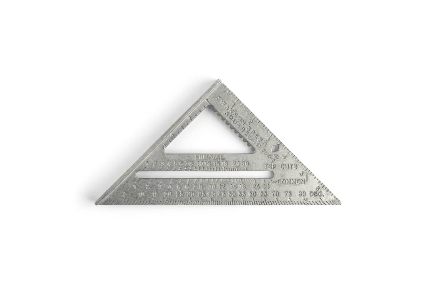 The SWA Swanson Speed Square, ideal for DIY enthusiasts and carpenters, showcases multiple measurement markings as it rests on a white background.