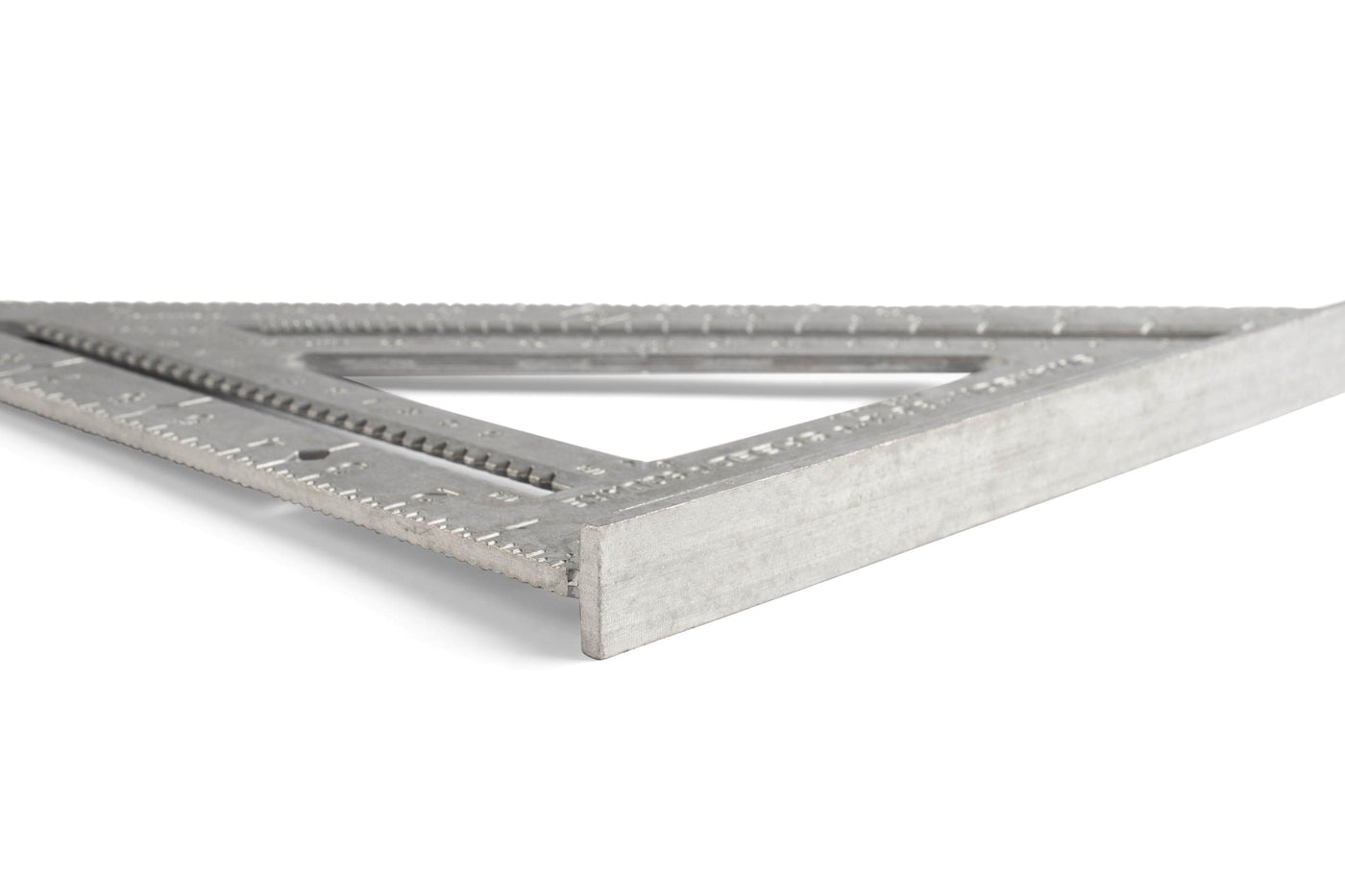 A close-up of a Swanson Speed Square by SWA, featuring precise measurement markings on its metallic triangular frame, ideal for carpenters and DIY enthusiasts.