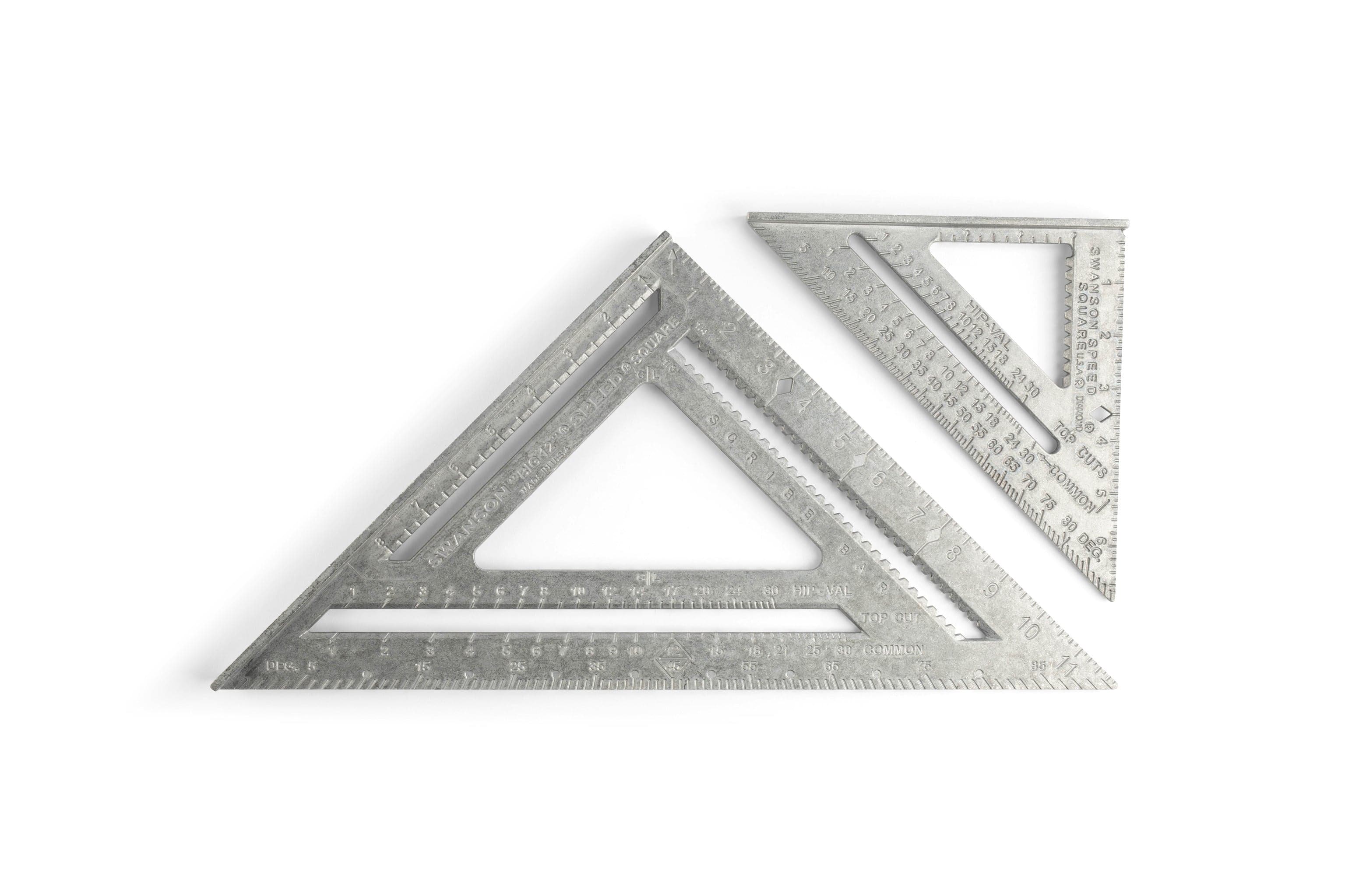 Two Swanson Speed Squares by SWA are arranged artfully on a white background; the larger one is etched with numbers and markings, while the smaller complements it perfectly, ideal for DIY enthusiasts.