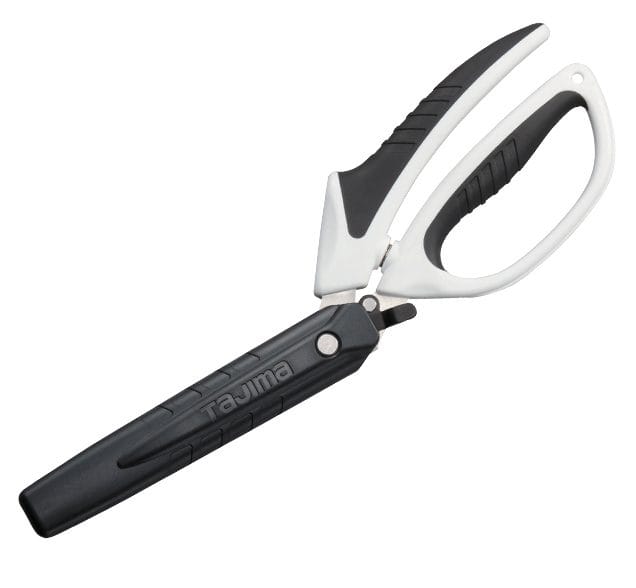 The TAJ Tajima VARIX Single Ring Shears are black and white heavy-duty construction scissors with an ergonomic handle and a protective sheath—ideal for demanding tasks.