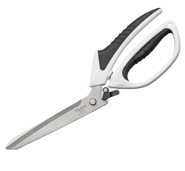 The TAJ Tajima VARIX Single Ring Shears feature a large silver blade and ergonomic black and white handle with a soft grip for comfort and control, making them ideal safety cutting tools for precise work.