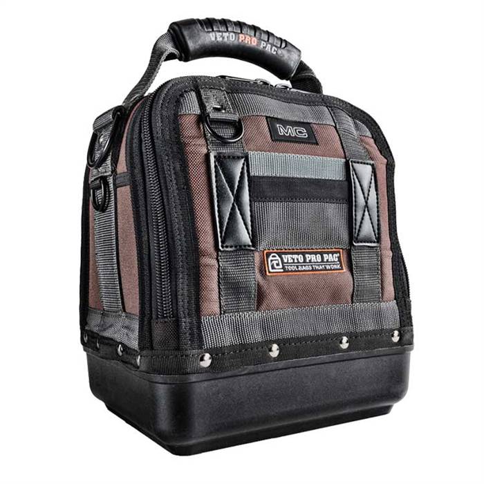 A compact, sturdy CLOSED TOP TOOL BAG-MC by VET with a reinforced handle, hard plastic base, and multiple exterior pockets. Features "VET" and "MC" labels on the front.