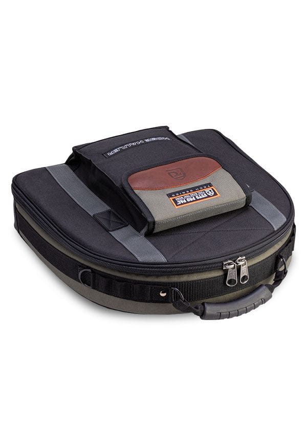 The VET Hose Hauler is a black and gray water-resistant tool bag with dual zipper pulls, a front pocket, and a brown accent patch. This padded case is perfect for storing hoses or protecting equipment.