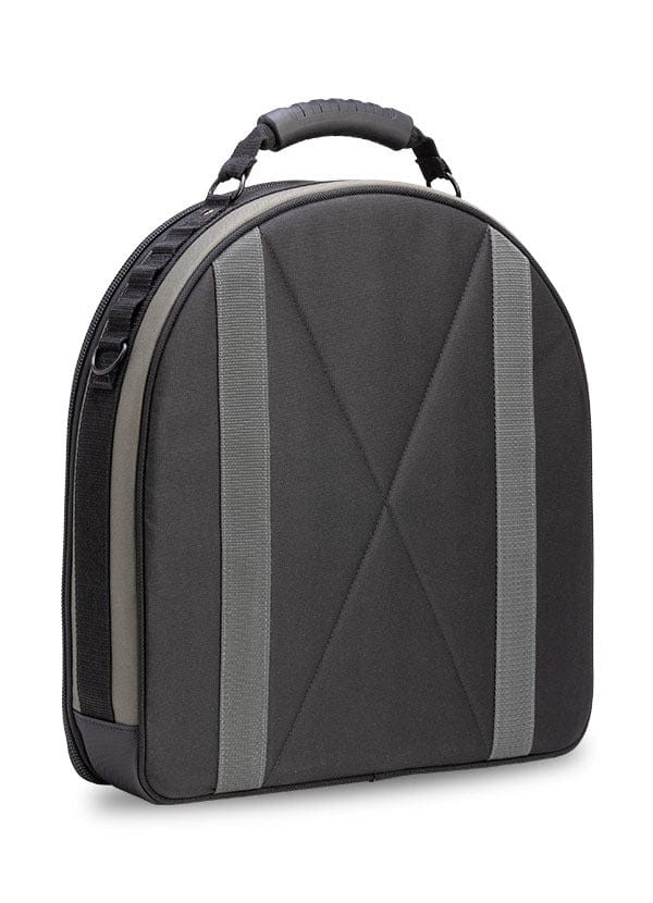 The VET Hose Hauler is a black and gray padded HVAC tool bag with a rounded top, zippered sides, vertical gray accents, and a sturdy handle—ideal for secure and convenient storage.