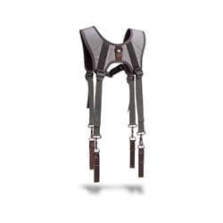 The VET Builder's Belt is a black and brown leather shoulder holster with adjustable straps and clips, ideal for carrying tools. Displayed on a white background with a subtle shadow.