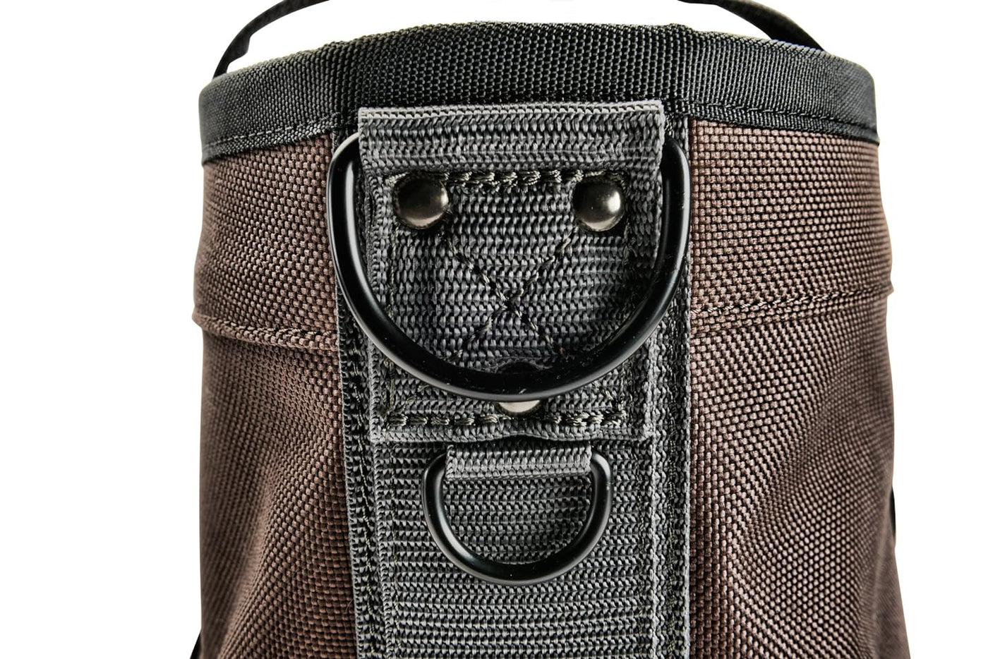 Close-up of the VET Cargo Tote, a high-quality tool storage bag featuring reinforced fabric, two metal D-rings, and heavy-duty stitching, embodying a rugged tote design.